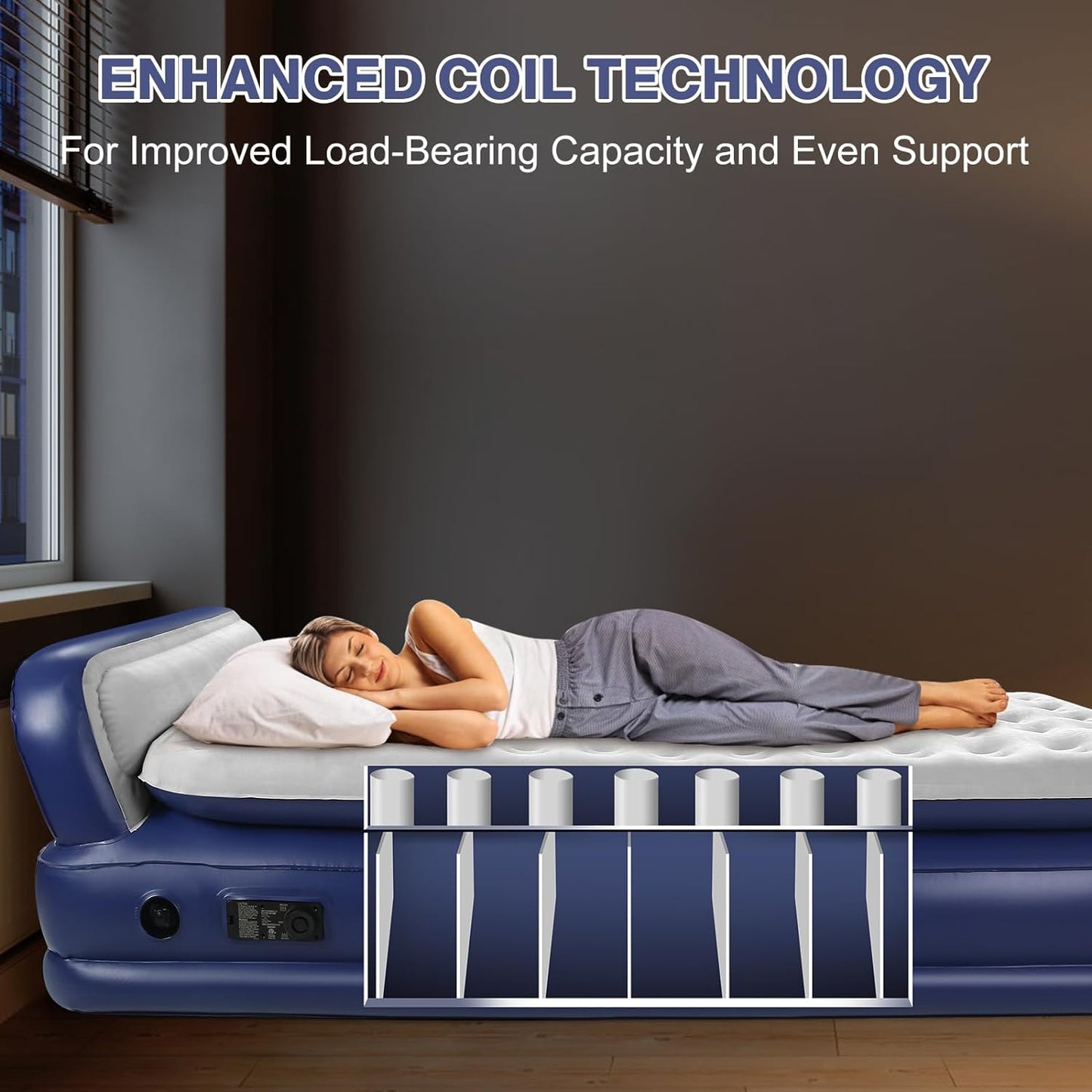 KMZ Air Mattress with Headboard Twin XL Size – Built-in Electric Pump Comfort-Plush Enhanced Coil Technology Mattress for Home, Travel & Camping -