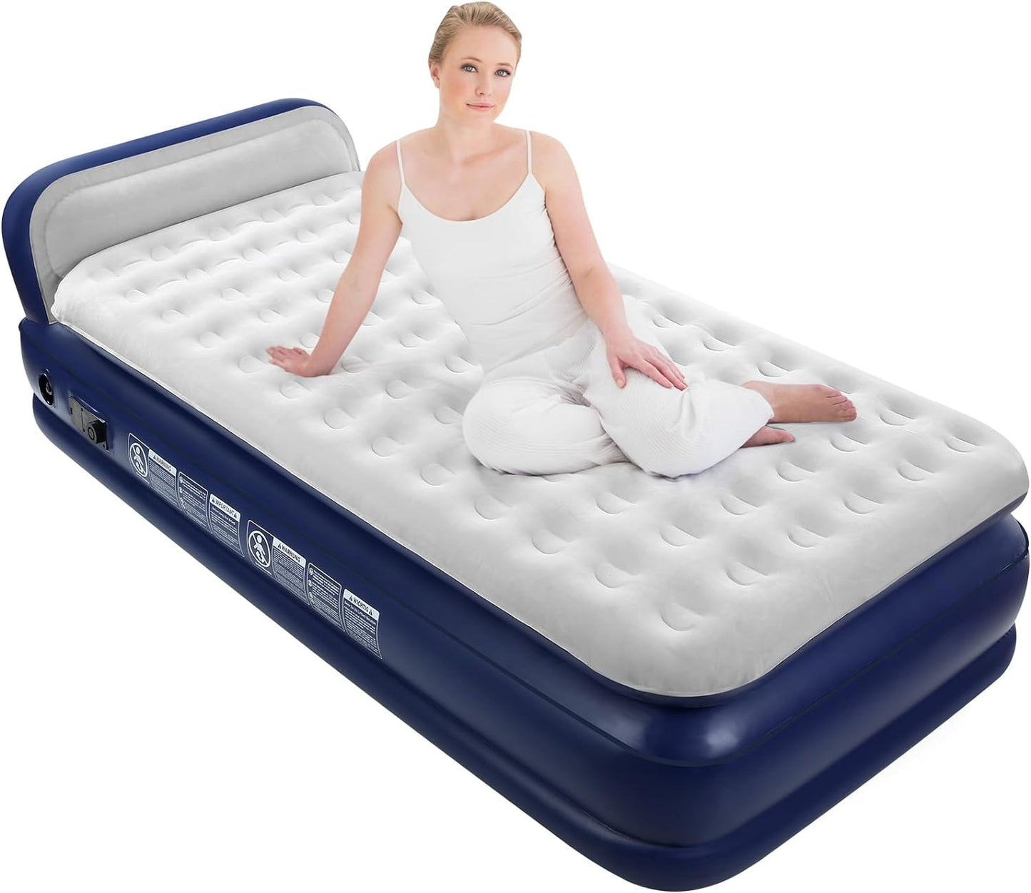 KMZ Air Mattress with Headboard Twin XL Size – Built-in Electric Pump Comfort-Plush Enhanced Coil Technology Mattress for Home, Travel & Camping -