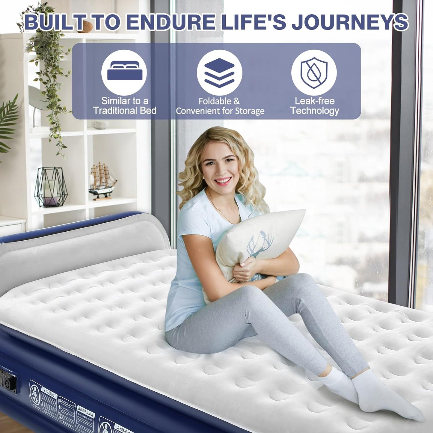 KMZ Air Mattress with Headboard Twin XL Size – Built-in Electric Pump Comfort-Plush Enhanced Coil Technology Mattress for Home, Travel & Camping -