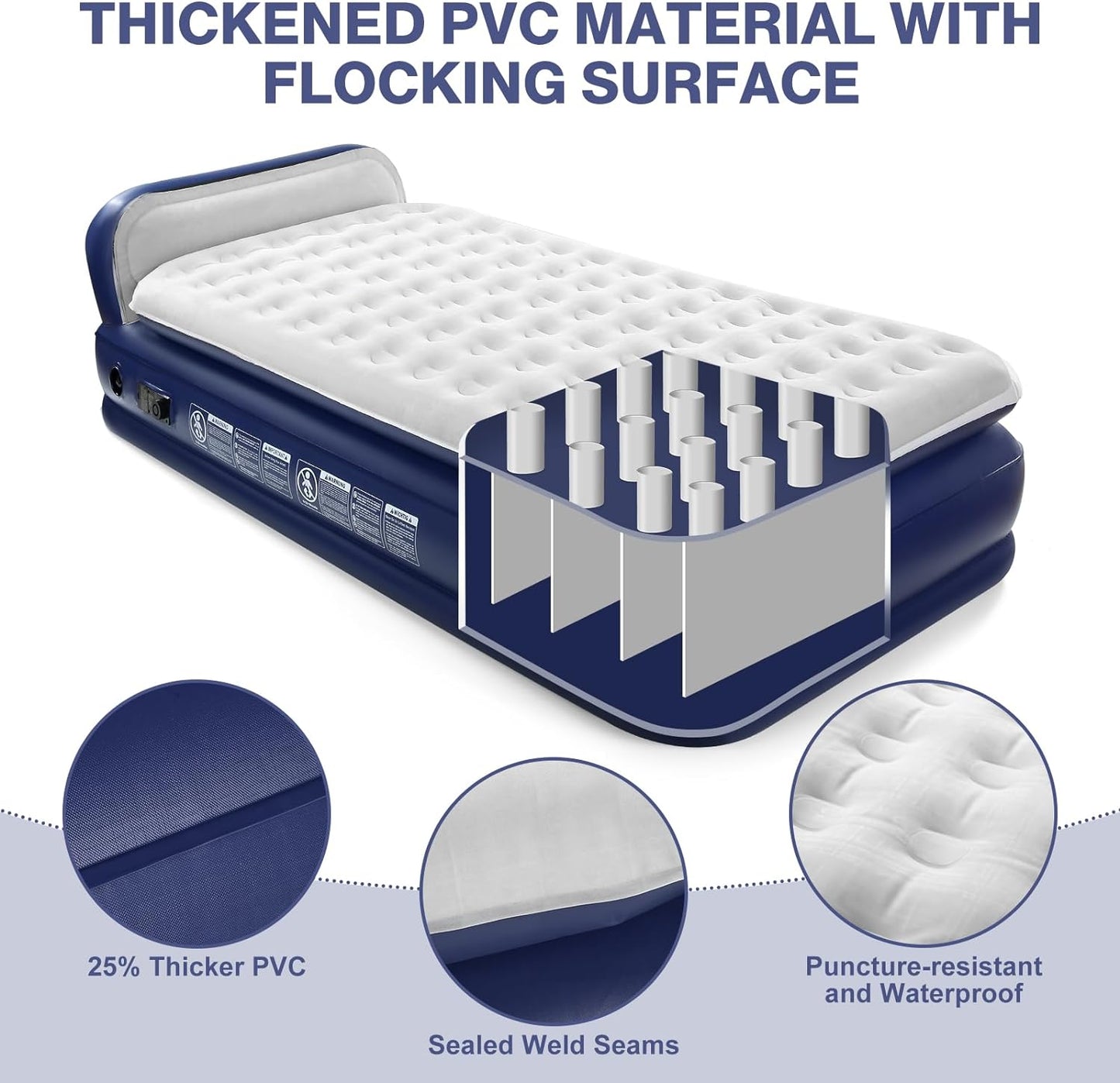 KMZ Air Mattress with Headboard Twin XL Size – Built-in Electric Pump Comfort-Plush Enhanced Coil Technology Mattress for Home, Travel & Camping -