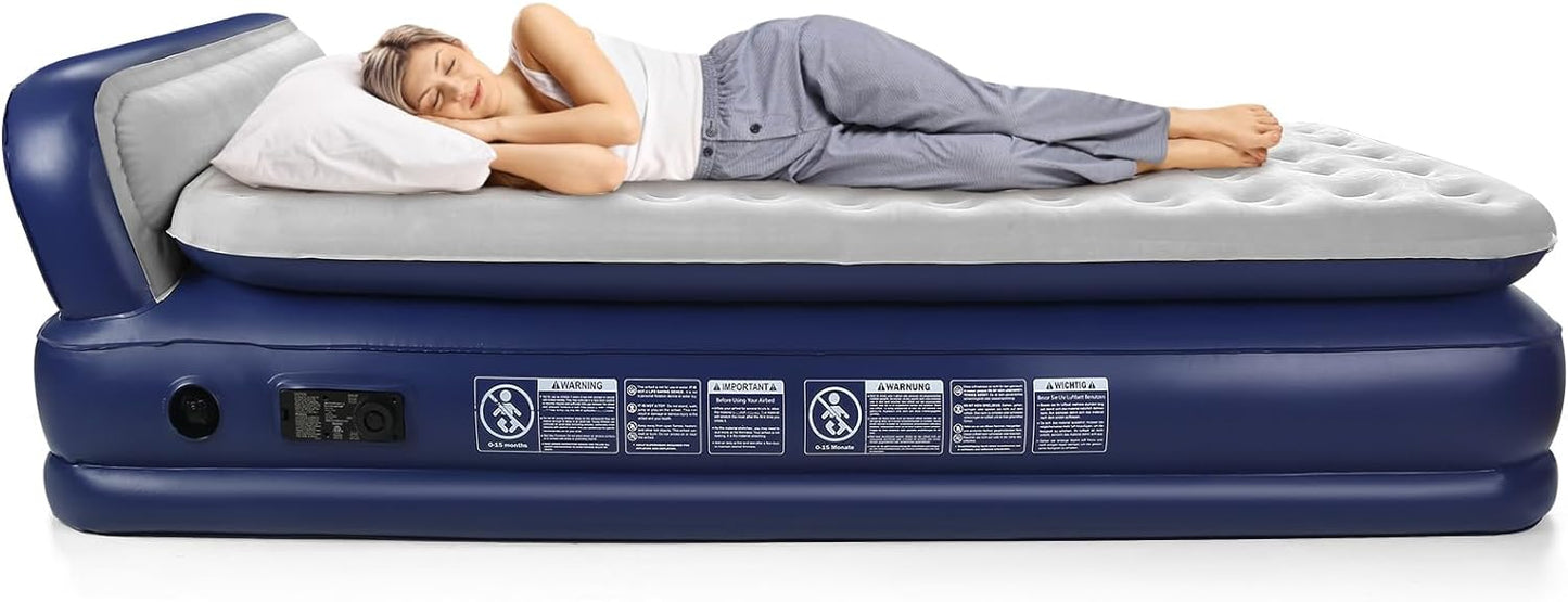 KMZ Air Mattress with Headboard Twin XL Size – Built-in Electric Pump Comfort-Plush Enhanced Coil Technology Mattress for Home, Travel & Camping -