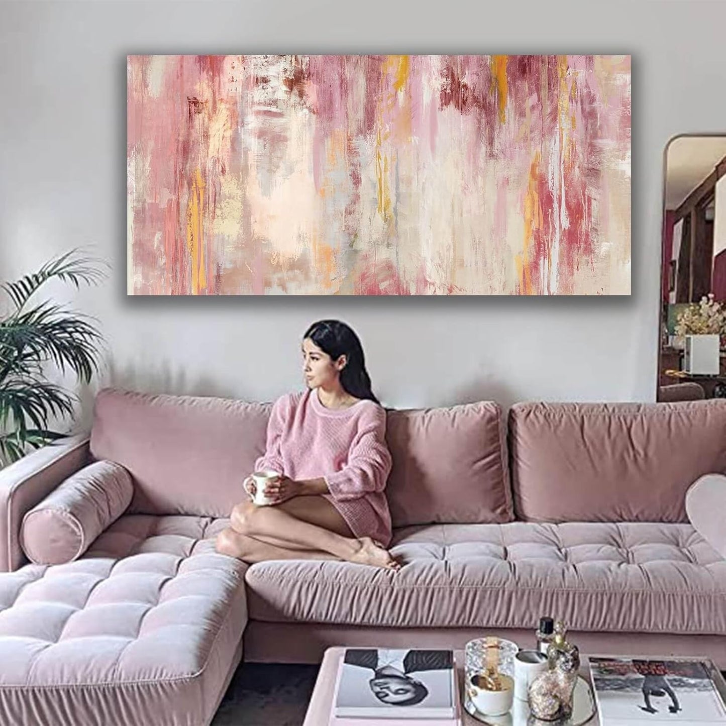 Kureful Abstract Canvas Wall Art Large Wall Decor Pink Wall Paintings for Bedroom Living Room Office Gold Artwork Picture 30x60 Inch