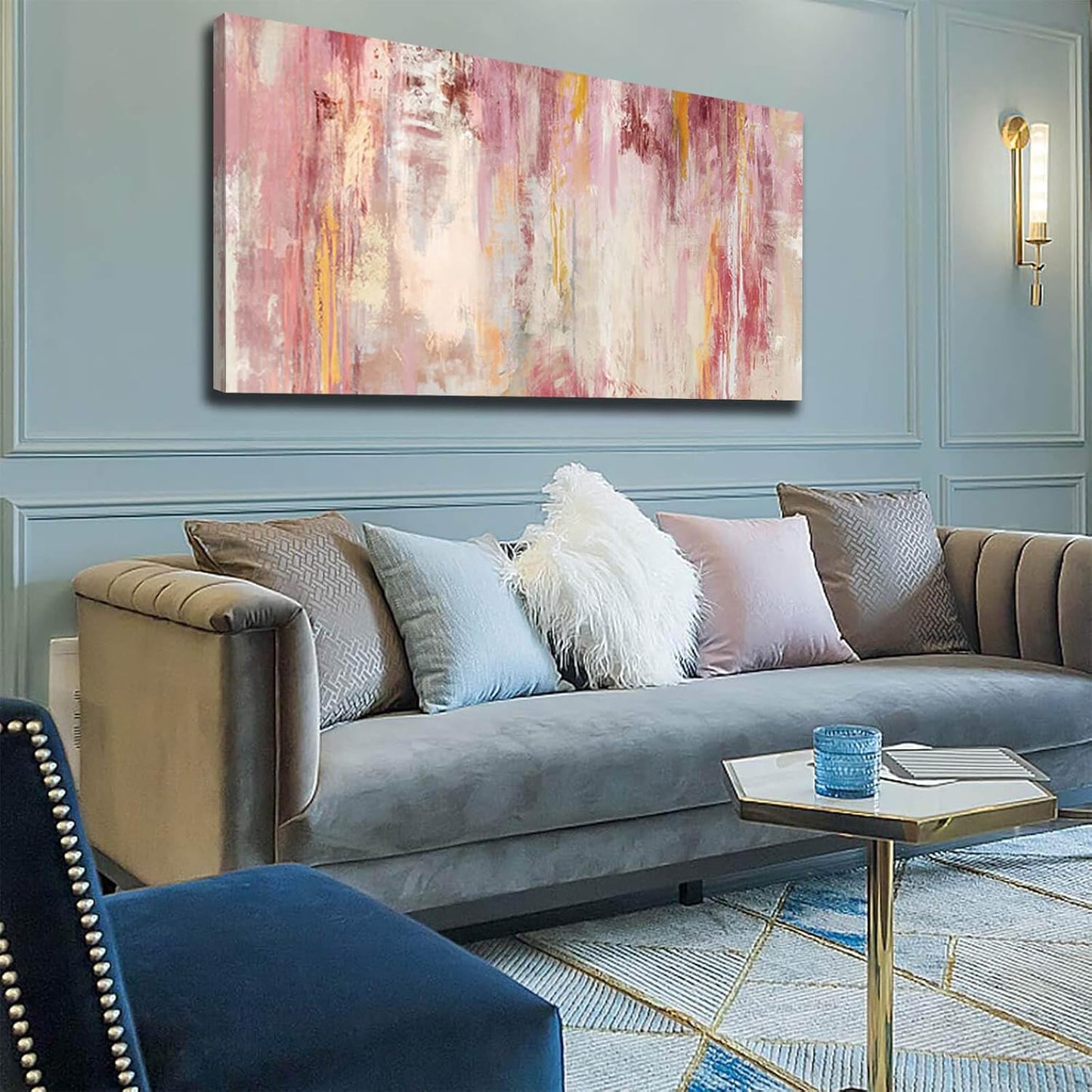 Kureful Abstract Canvas Wall Art Large Wall Decor Pink Wall Paintings for Bedroom Living Room Office Gold Artwork Picture 30x60 Inch