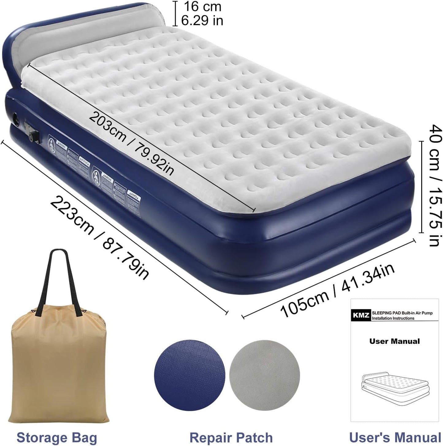 KMZ Air Mattress with Headboard Twin XL Size – Built-in Electric Pump Comfort-Plush Enhanced Coil Technology Mattress for Home, Travel & Camping -