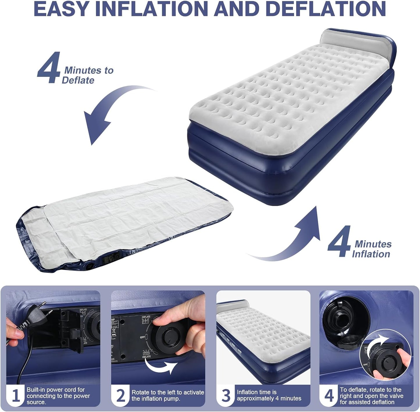 KMZ Air Mattress with Headboard Twin XL Size – Built-in Electric Pump Comfort-Plush Enhanced Coil Technology Mattress for Home, Travel & Camping -