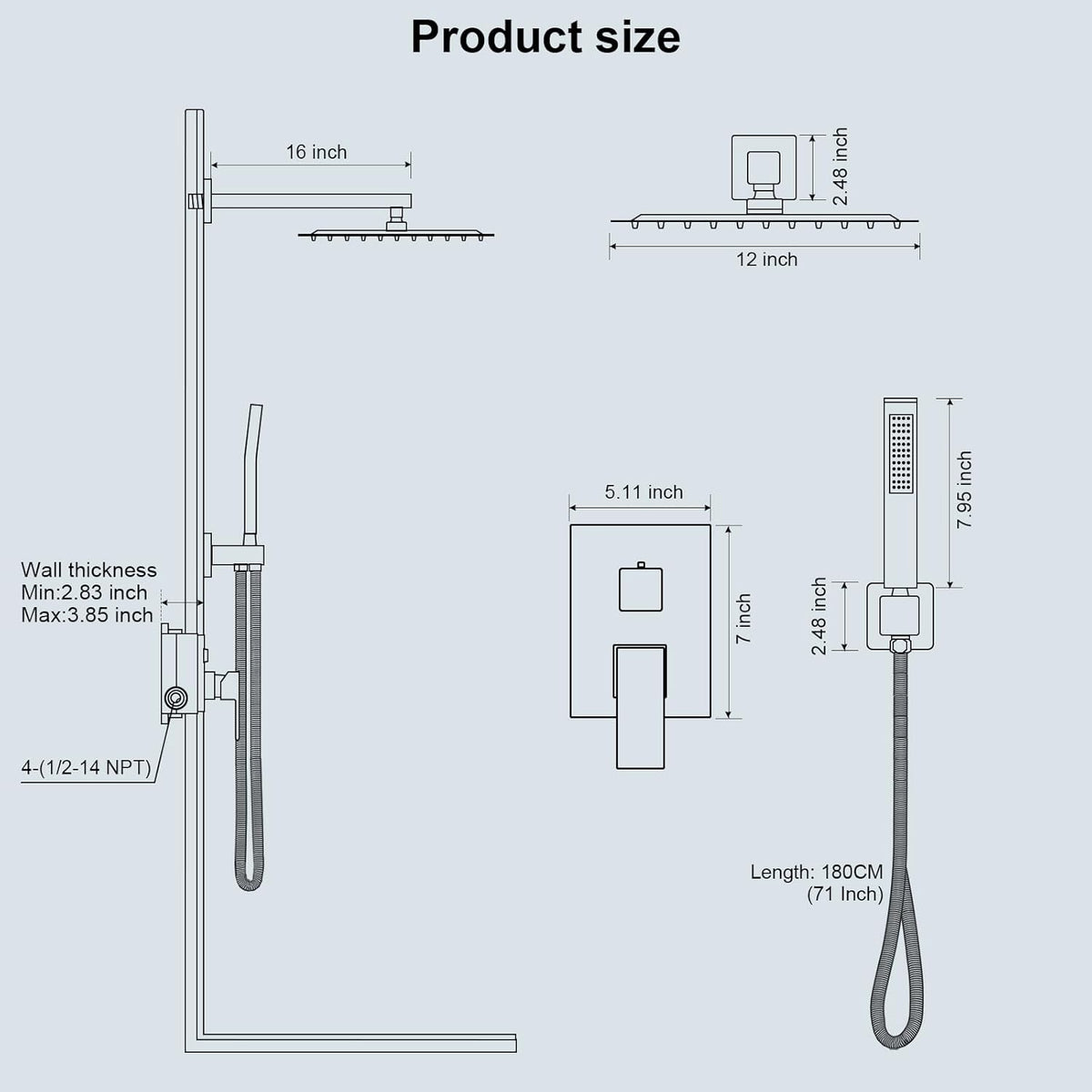 Shower Faucet Set Bathroom Square Rain Shower Head and Handle Set, Wall Mounted Shower Fixtures With Shower Valve and Trim Kit 12 inch Brushed Nickel Brushed Nickel 12 Inch Wall Mount