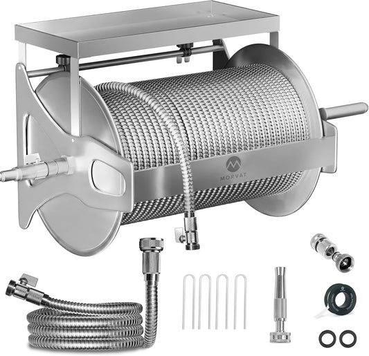 Morvat Stainless Steel Metal Water Hose Reel for 150FT Hose, Retractable Garden Holder with Storage Shelf & Crank, Wall/Floor Mount, Includes 100FT