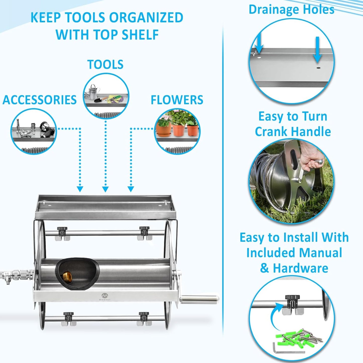Morvat Stainless Steel Metal Water Hose Reel for 150FT Hose, Retractable Garden Holder with Storage Shelf & Crank, Wall/Floor Mount, Includes 100FT