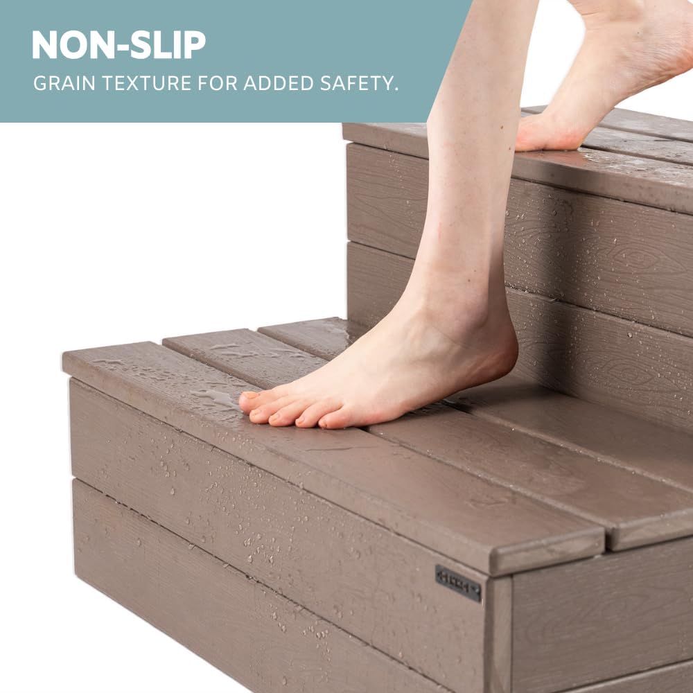 DENKOE Hot Tub Steps - Wood Looking Plastic Steps - 100% Waterproof Spa Steps - Brown Non Slip, Heavy Duty Outdoor Steps, Multi Use as Porch Steps,