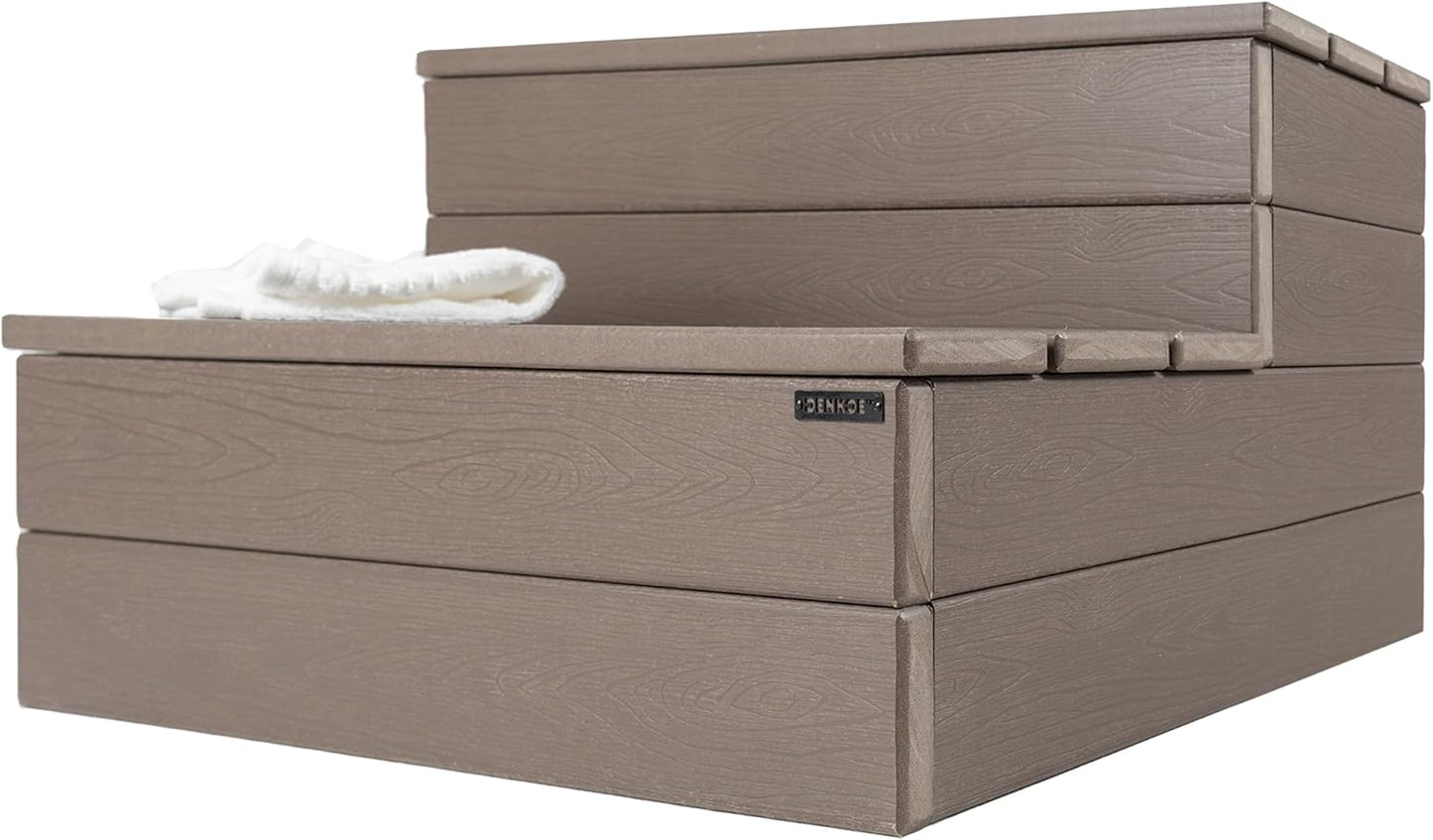 DENKOE Hot Tub Steps - Wood Looking Plastic Steps - 100% Waterproof Spa Steps - Brown Non Slip, Heavy Duty Outdoor Steps, Multi Use as Porch Steps,