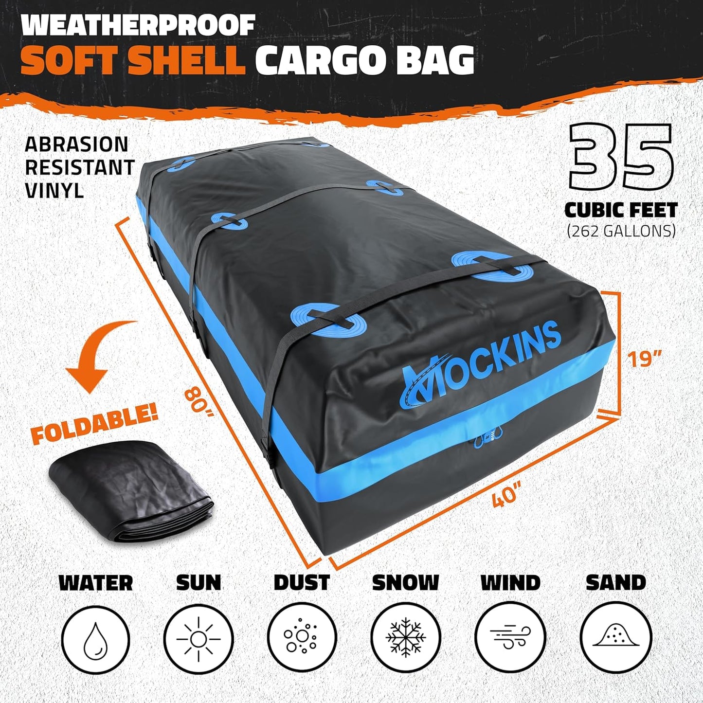 35 Cu Ft Waterproof Rooftop Cargo Carrier Bag | 80x40x19 Heavy Duty, Abrasion Resistant