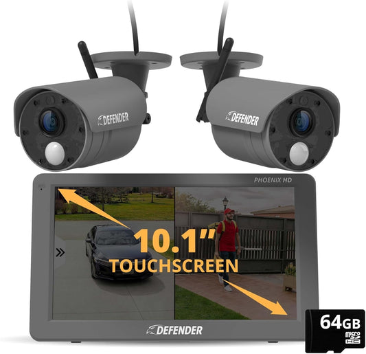 Defender Phoenix HD Wireless Security Camera System with 10.1 Touchscreen Monitor, 1 HD Outdoor Security Camera, No WiFi Re