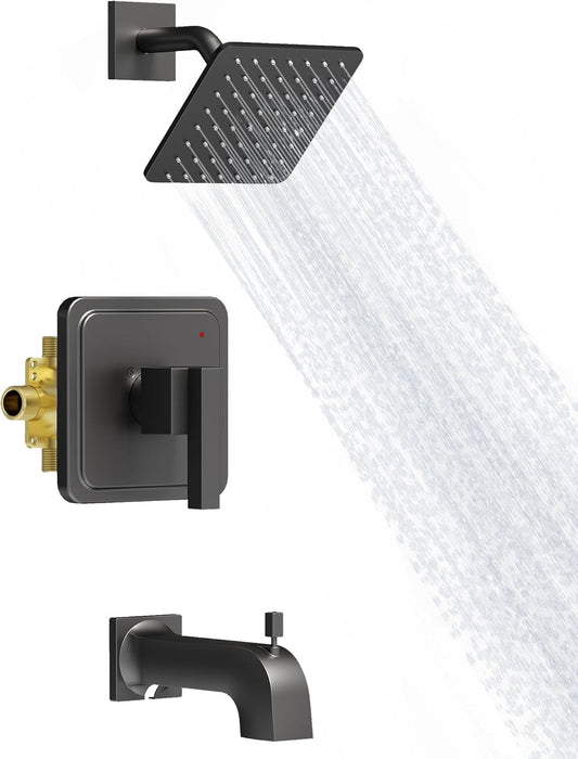 Gabrylly Shower Faucet Set, Bathtub Faucet with 6" Rain Black Shower Head and Handle Set, Single-Handle Tub Shower Tr