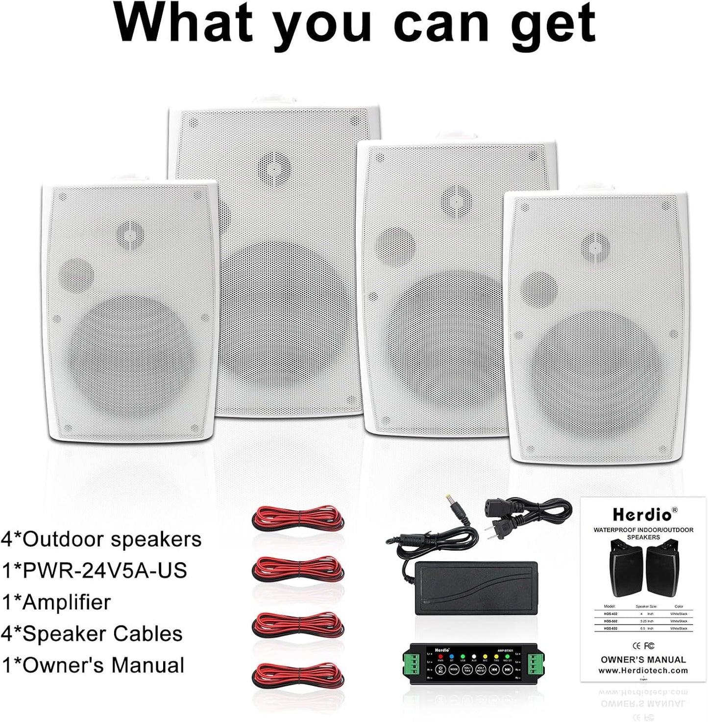 Herdio 6.5 Inch 800W Outdoor Bluetooth Speakers Wired Waterproof with Multifunctional Amplifier, Wall Mount Speakers for Patio Home Poolside Deck Backyard(2 Pairs,White)