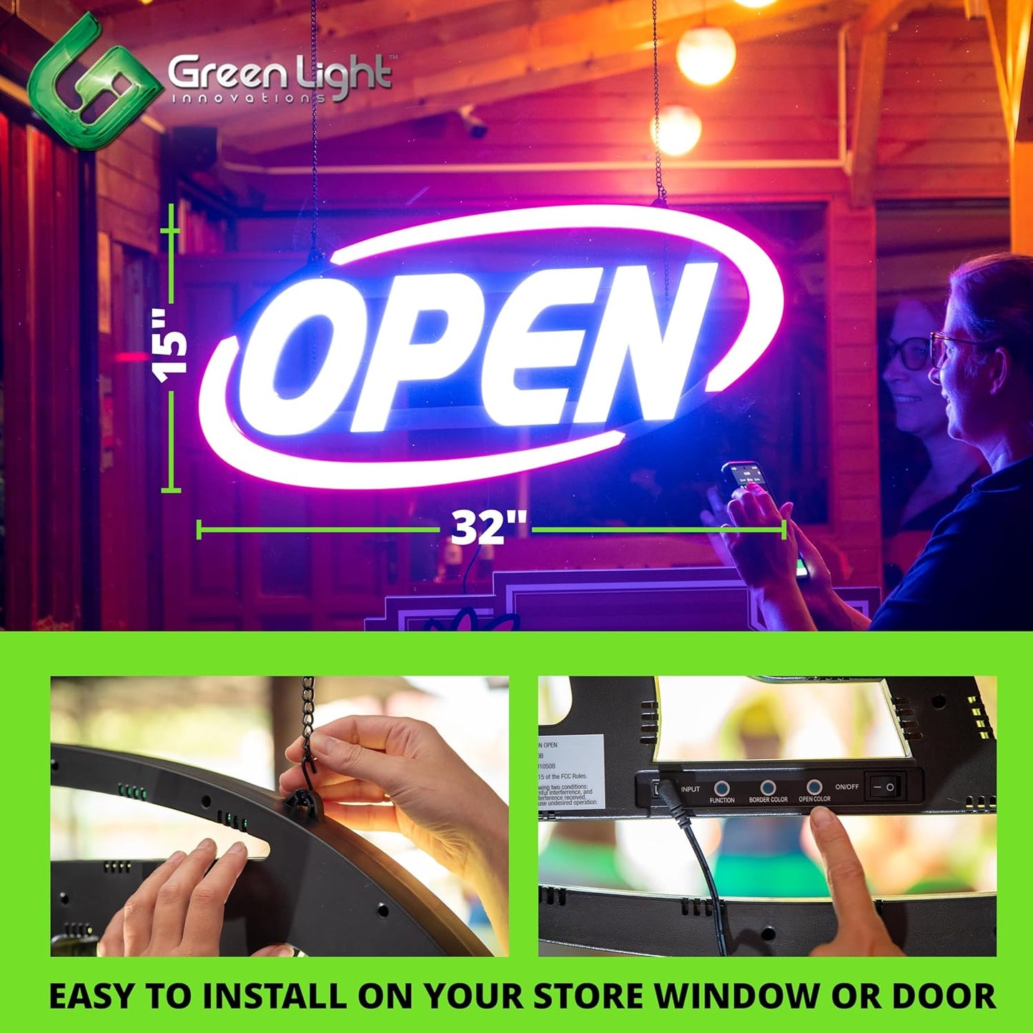 LED Open Sign for Business, 15'x32' 64 Super-Bright Color Combos to Match Your Brand, Programmable App