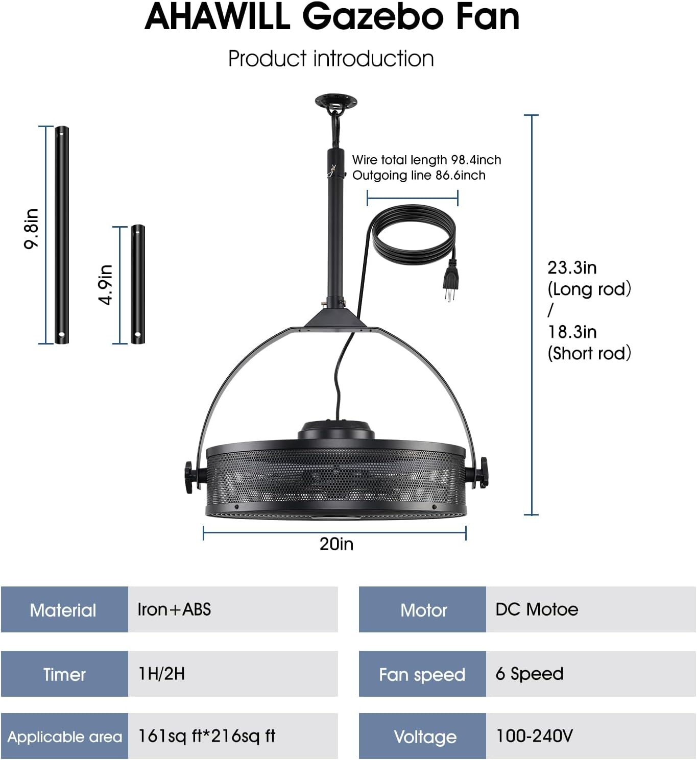 Outdoor Hanging Ceiling Fans with Lights,18in Gazebo Fan with Hook Remote & APP Control,Dimmable Hanging Fan