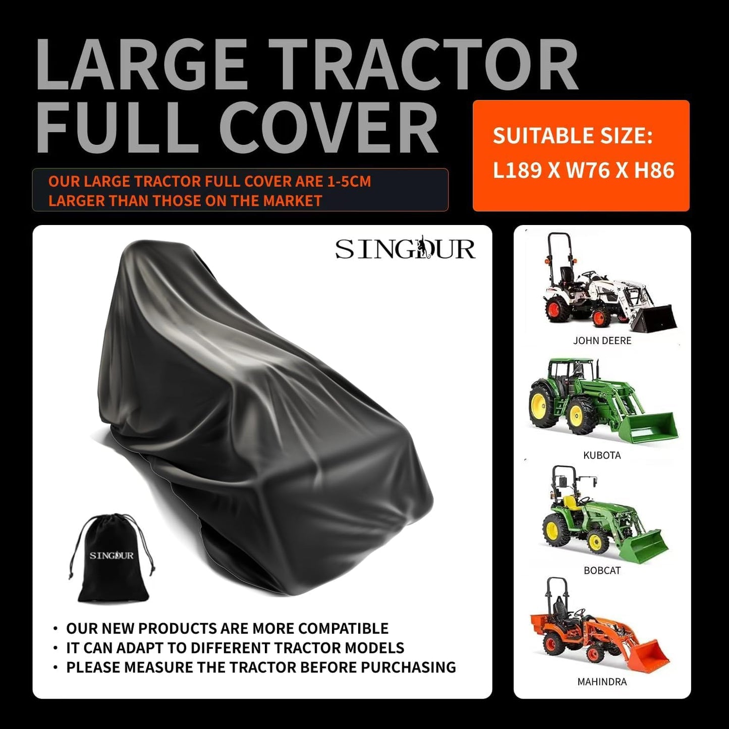 Tractor Cover, Waterproof Heavy Duty, 600D Oxford Cloth, UV Protection,189 L x 76 W x 86 Universal