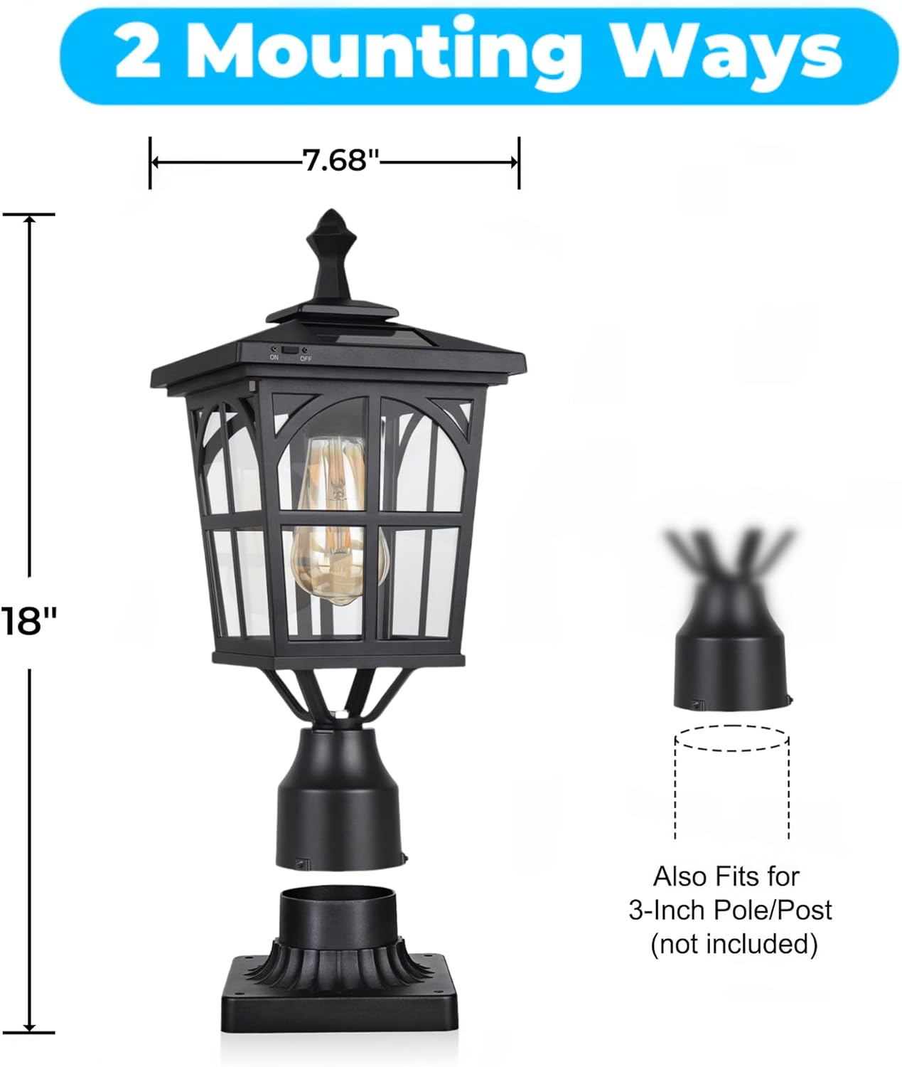 Godawn Outdoor Solar Lamp Post Light, Dusk to Dawn Waterproof Aluminum Solar Post Light with Pier Mount Base for Pole Deck Yard Garden Gates Patio