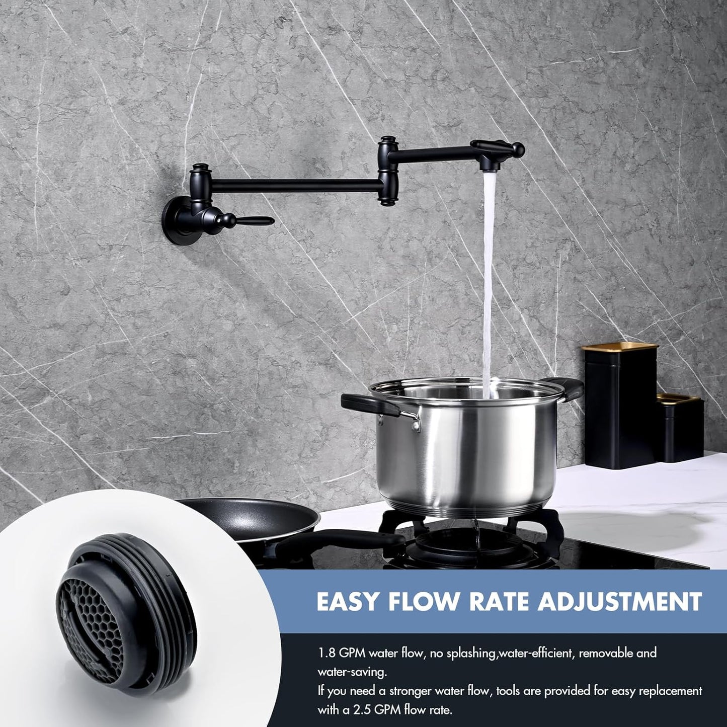 Pot Filler Faucet, Wall Mount Pot Faucets for Kitchen Sink, Solid Brass Heavy Duty Folding Stove Faucet, 2 Handles (Matte Black)