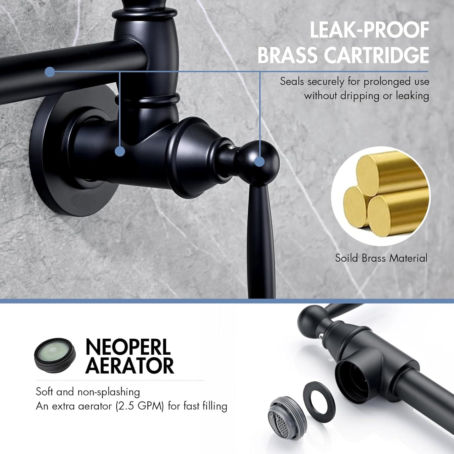 Pot Filler Faucet, Wall Mount Pot Faucets for Kitchen Sink, Solid Brass Heavy Duty Folding Stove Faucet, 2 Handles (Matte Black)