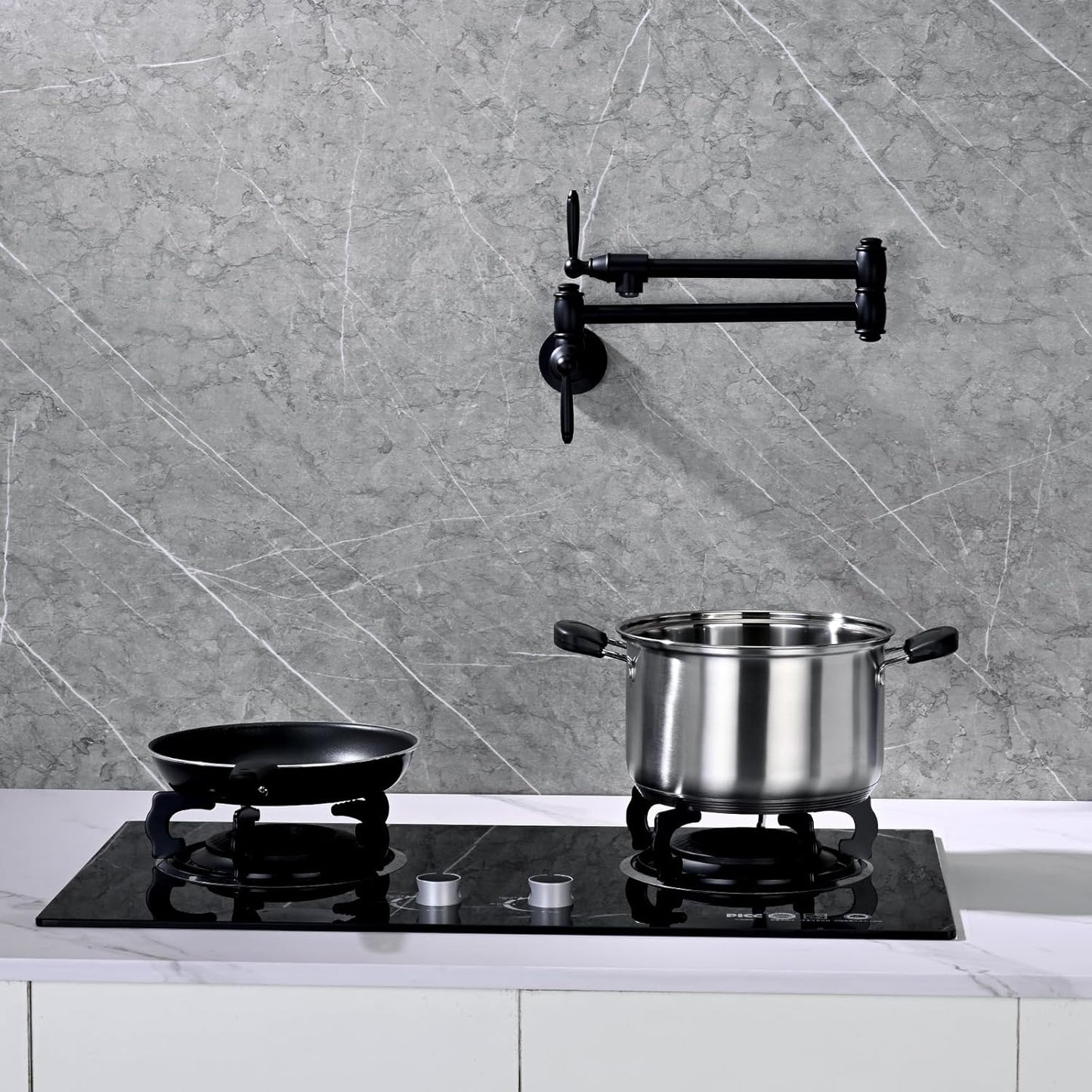 Pot Filler Faucet, Wall Mount Pot Faucets for Kitchen Sink, Solid Brass Heavy Duty Folding Stove Faucet, 2 Handles (Matte Black)