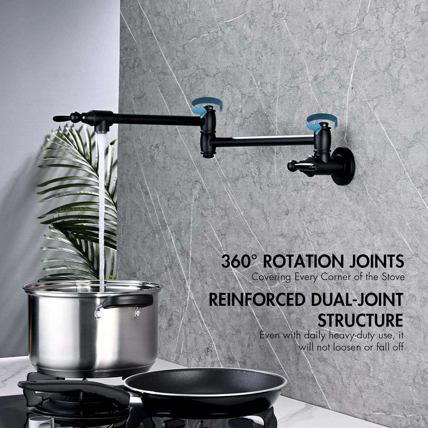 Pot Filler Faucet, Wall Mount Pot Faucets for Kitchen Sink, Solid Brass Heavy Duty Folding Stove Faucet, 2 Handles (Matte Black)