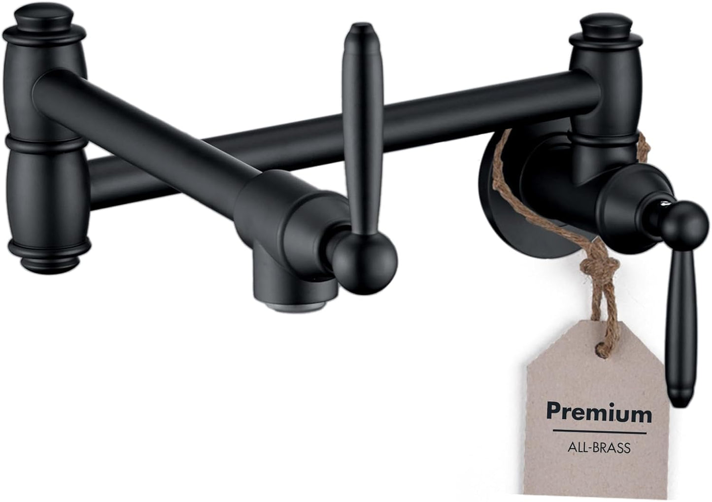 Pot Filler Faucet, Wall Mount Pot Faucets for Kitchen Sink, Solid Brass Heavy Duty Folding Stove Faucet, 2 Handles (Matte Black)