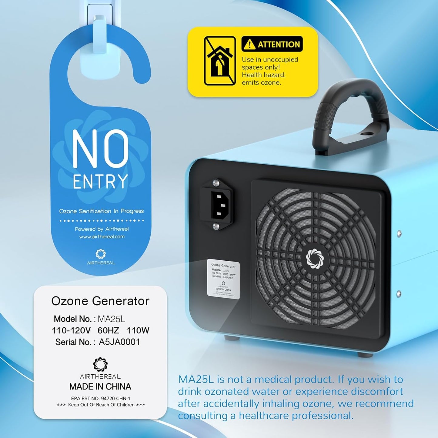 Airthereal MA25L Ozone Generator 40,000mg/h - Dual-Mode Ozone Machine for Water and Air Purification, High Capacity