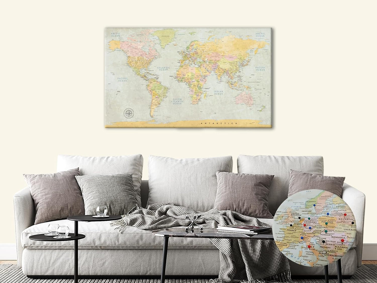 Classic Push Pin World Map, Canvas Art Bay Ready-to-Hang World Map, Pinboard (Medium)