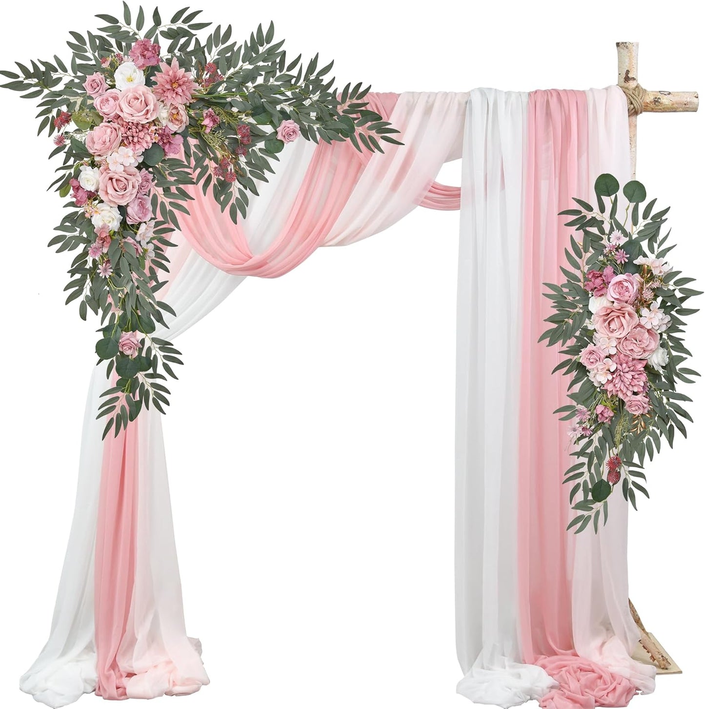Artificial Wedding Arch Flowers with Drape Kit (Pack of 5) - 2pcs Flower Swag with 3pcs Draping Fabric