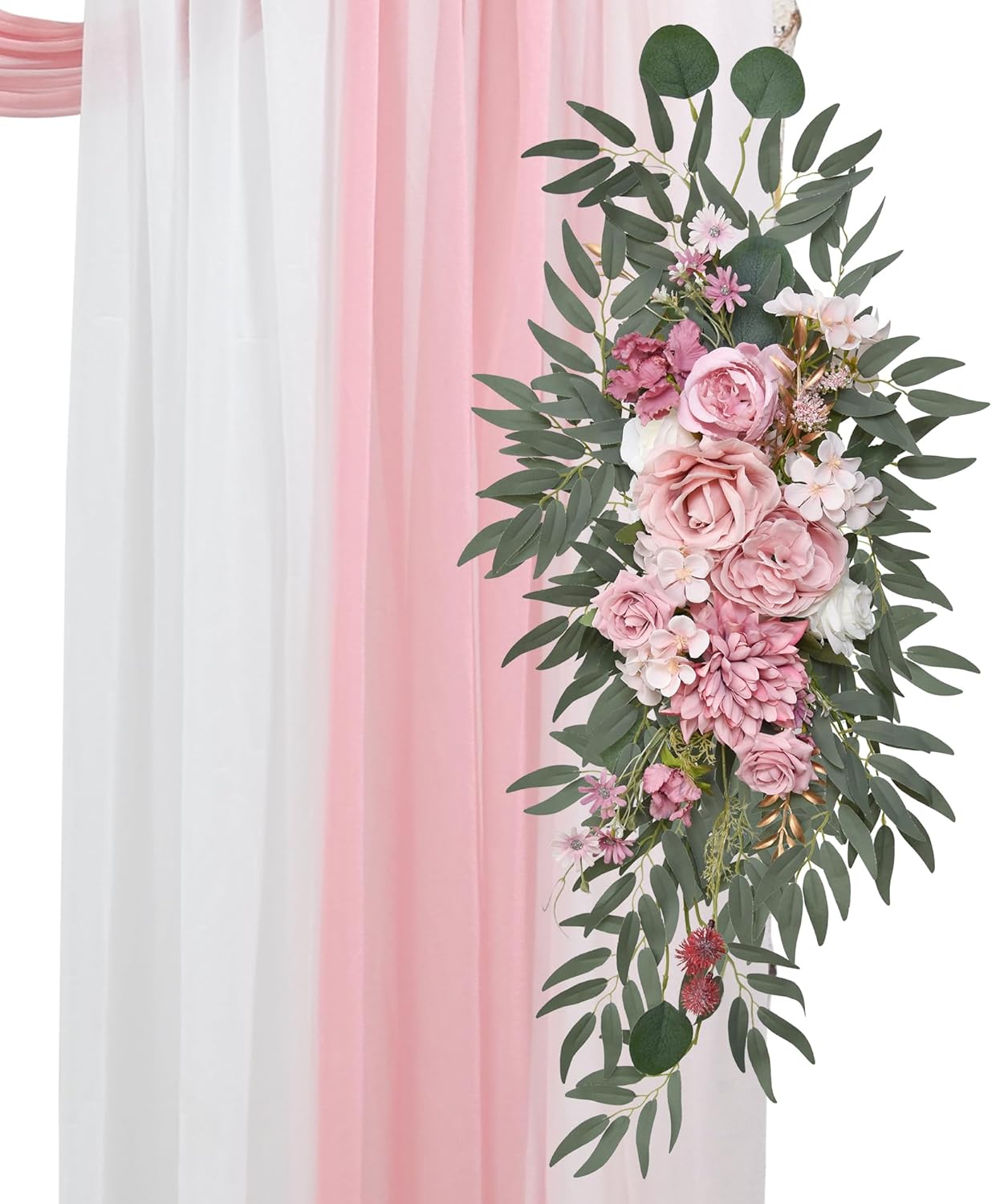 Artificial Wedding Arch Flowers with Drape Kit (Pack of 5) - 2pcs Flower Swag with 3pcs Draping Fabric