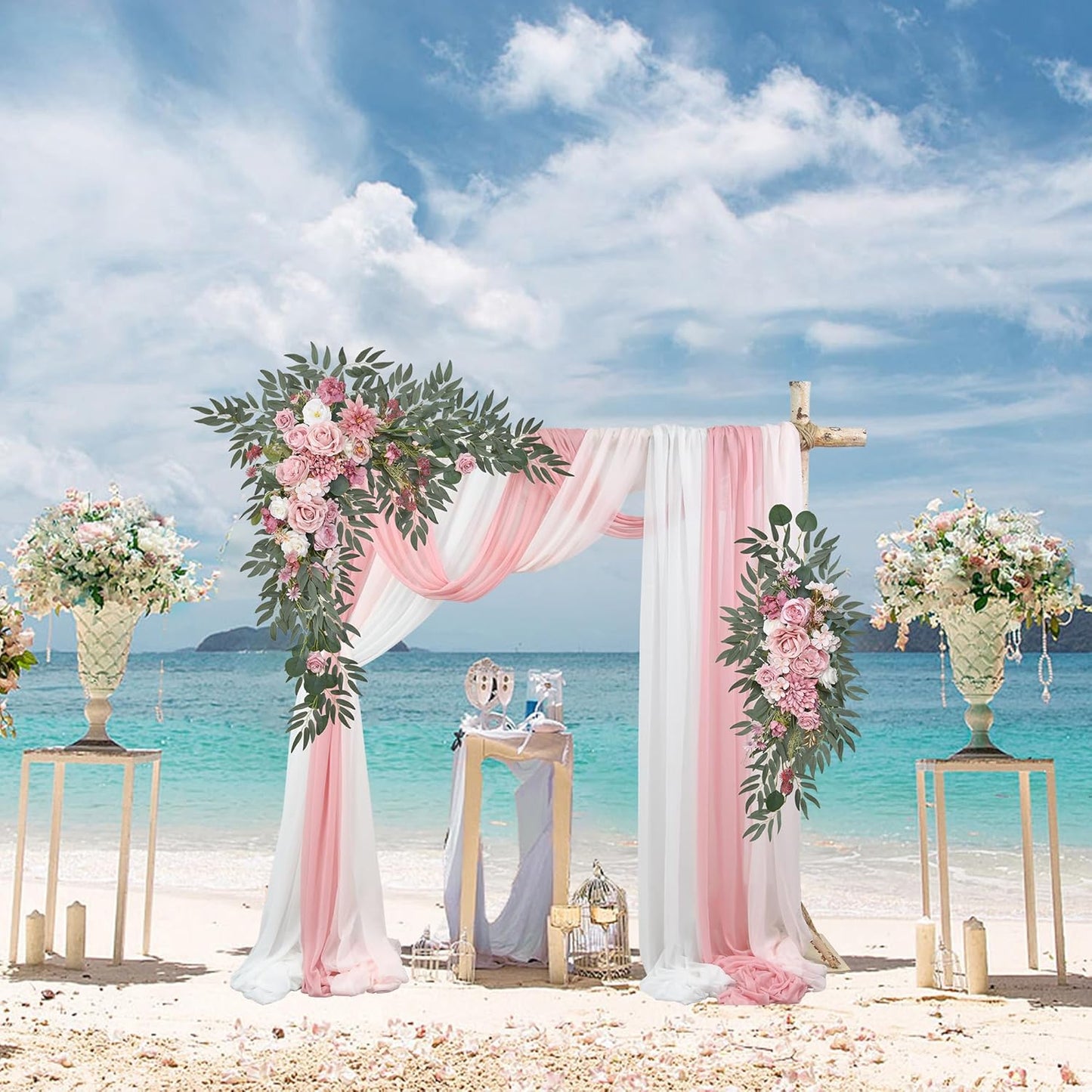 Artificial Wedding Arch Flowers with Drape Kit (Pack of 5) - 2pcs Flower Swag with 3pcs Draping Fabric
