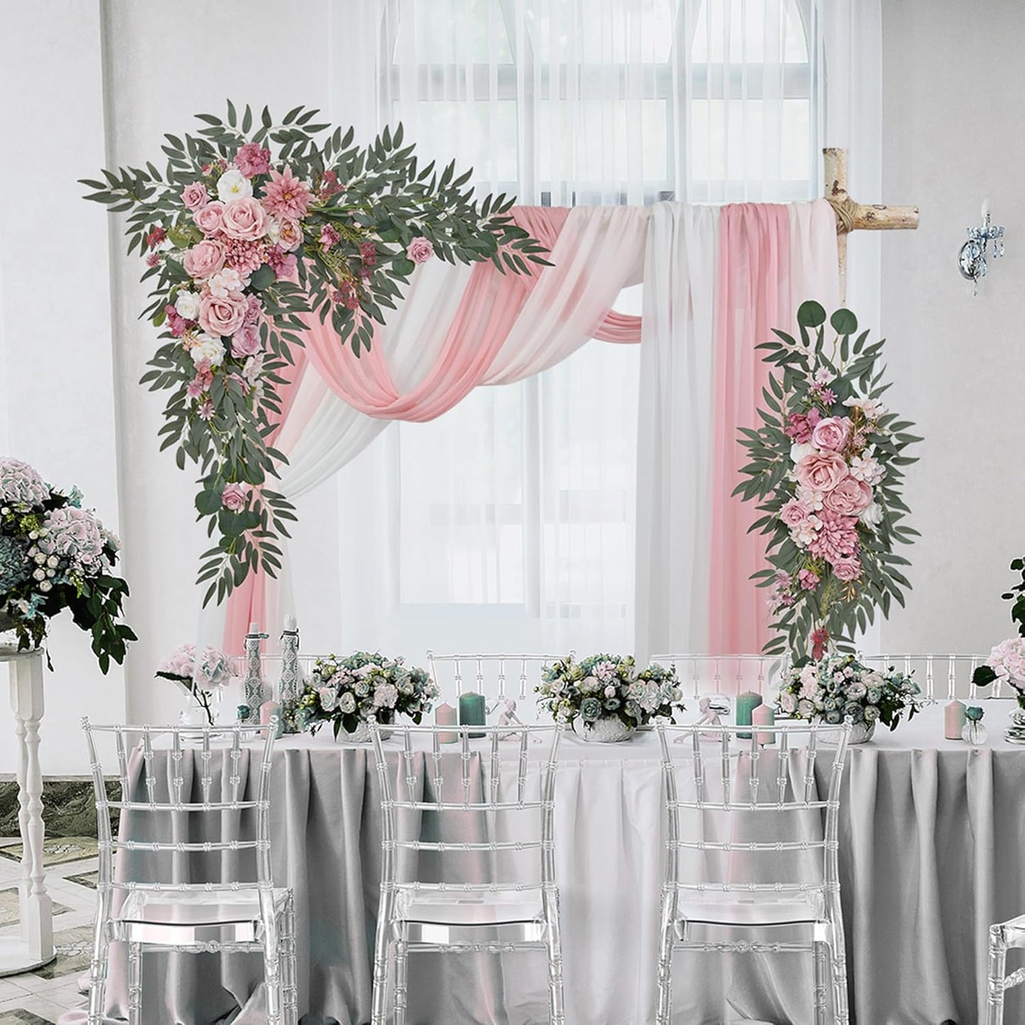 Artificial Wedding Arch Flowers with Drape Kit (Pack of 5) - 2pcs Flower Swag with 3pcs Draping Fabric