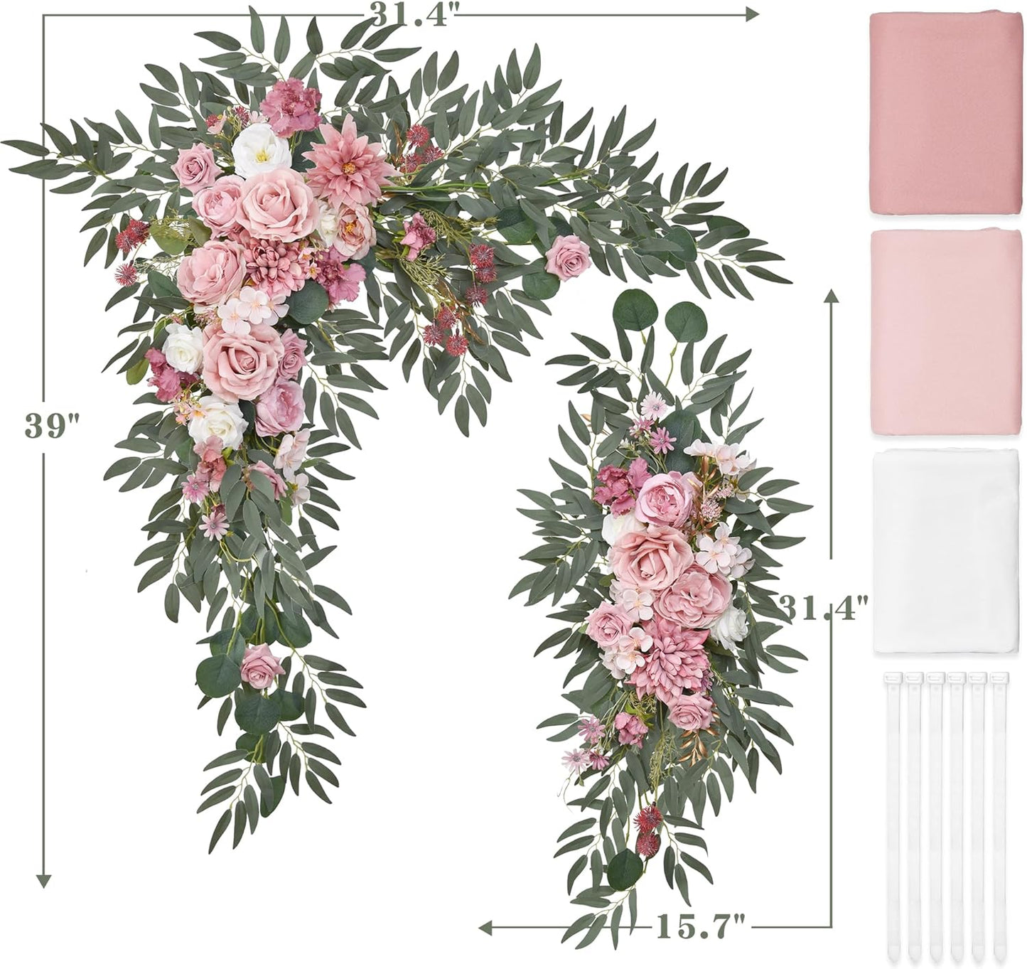Artificial Wedding Arch Flowers with Drape Kit (Pack of 5) - 2pcs Flower Swag with 3pcs Draping Fabric