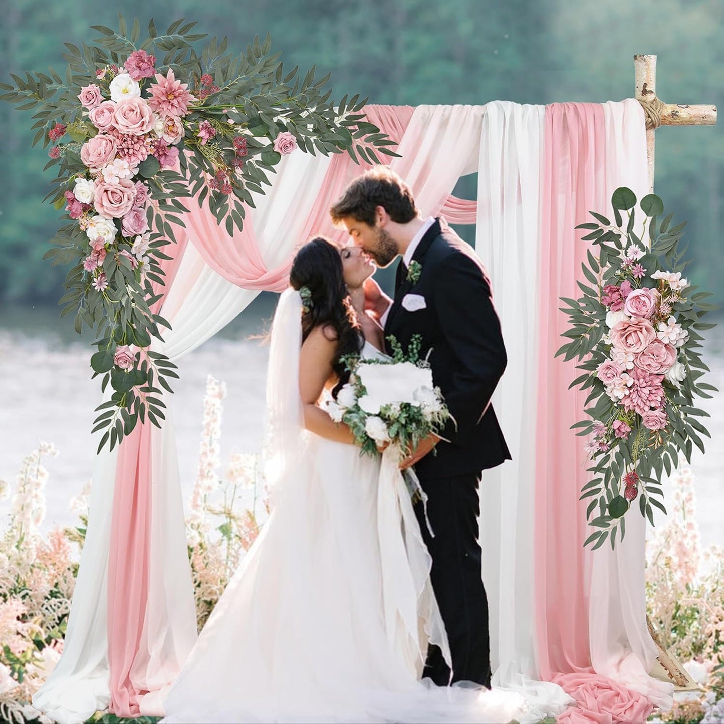 Artificial Wedding Arch Flowers with Drape Kit (Pack of 5) - 2pcs Flower Swag with 3pcs Draping Fabric