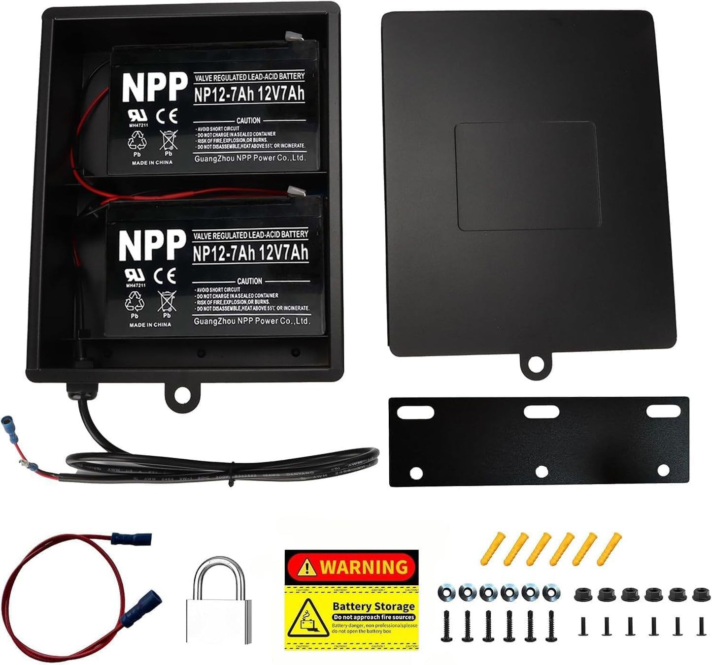 2025 New Upgraded Steel Battery Box with 2 Batteries Kit(12V 7AH Lead-Acid), for 12/24V Driveway Swing Gate
