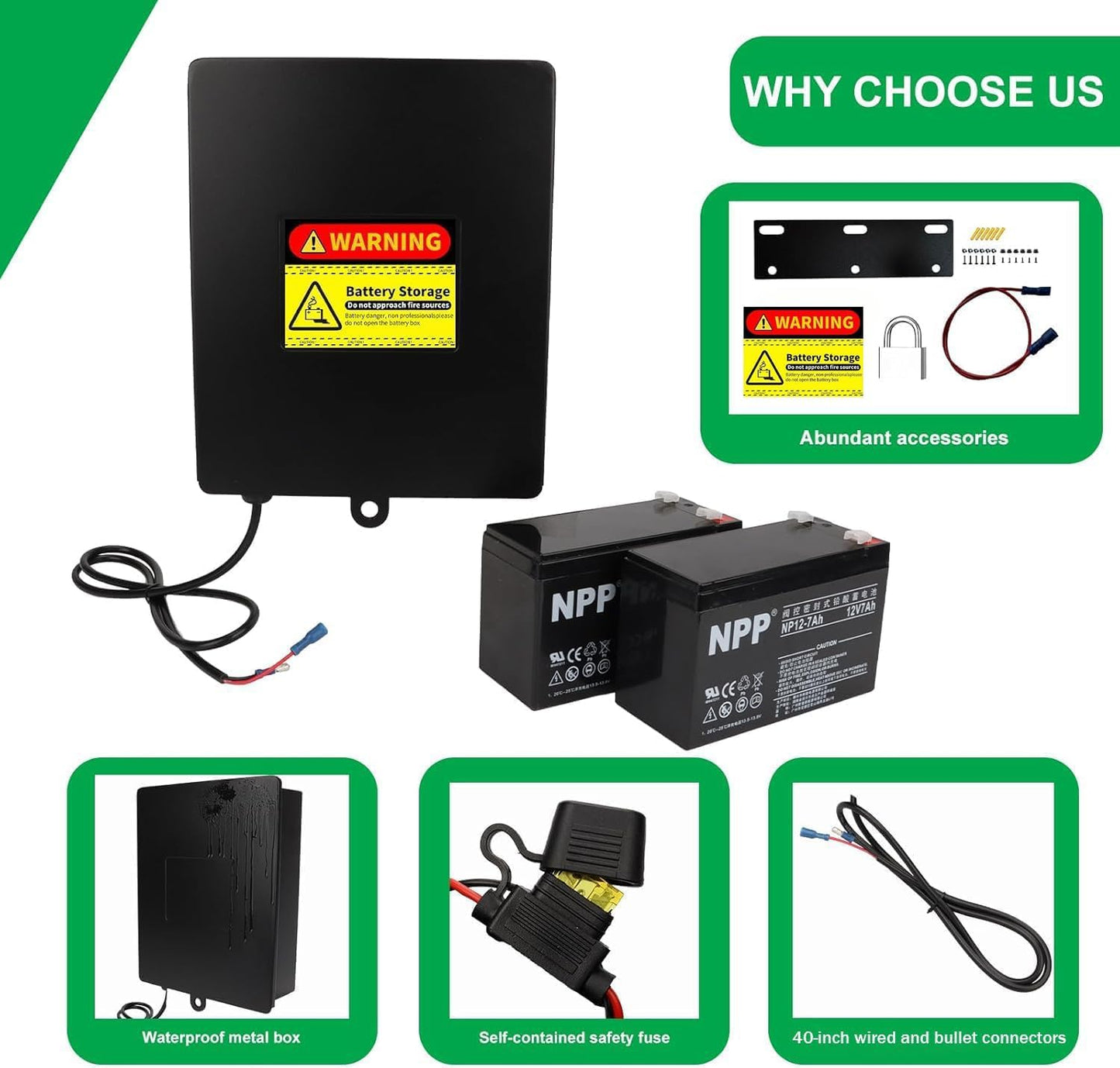 2025 New Upgraded Steel Battery Box with 2 Batteries Kit(12V 7AH Lead-Acid), for 12/24V Driveway Swing Gate