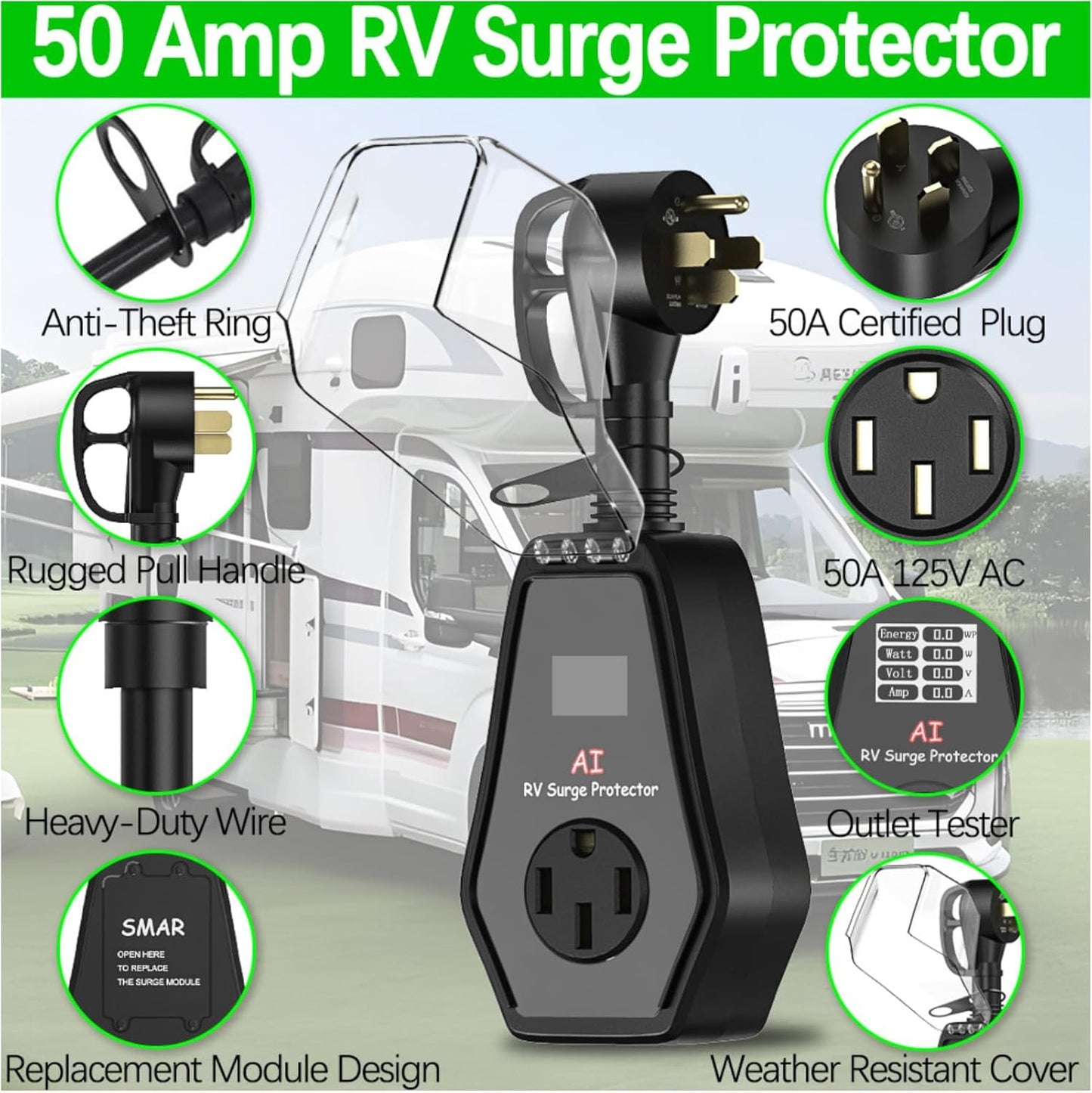 50 Amp RV Surge Protector with Waterproof Cover, 18000 Joules 50A RV Surge Protectors for Camper & Travel Trailers
