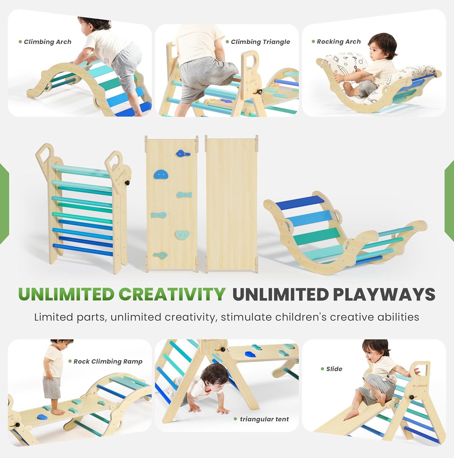 Pikler Triangle Set, Toddler Wooden Climbing Toys Indoor 8-in-1 Climber, Foldable Kids Climbing Toys