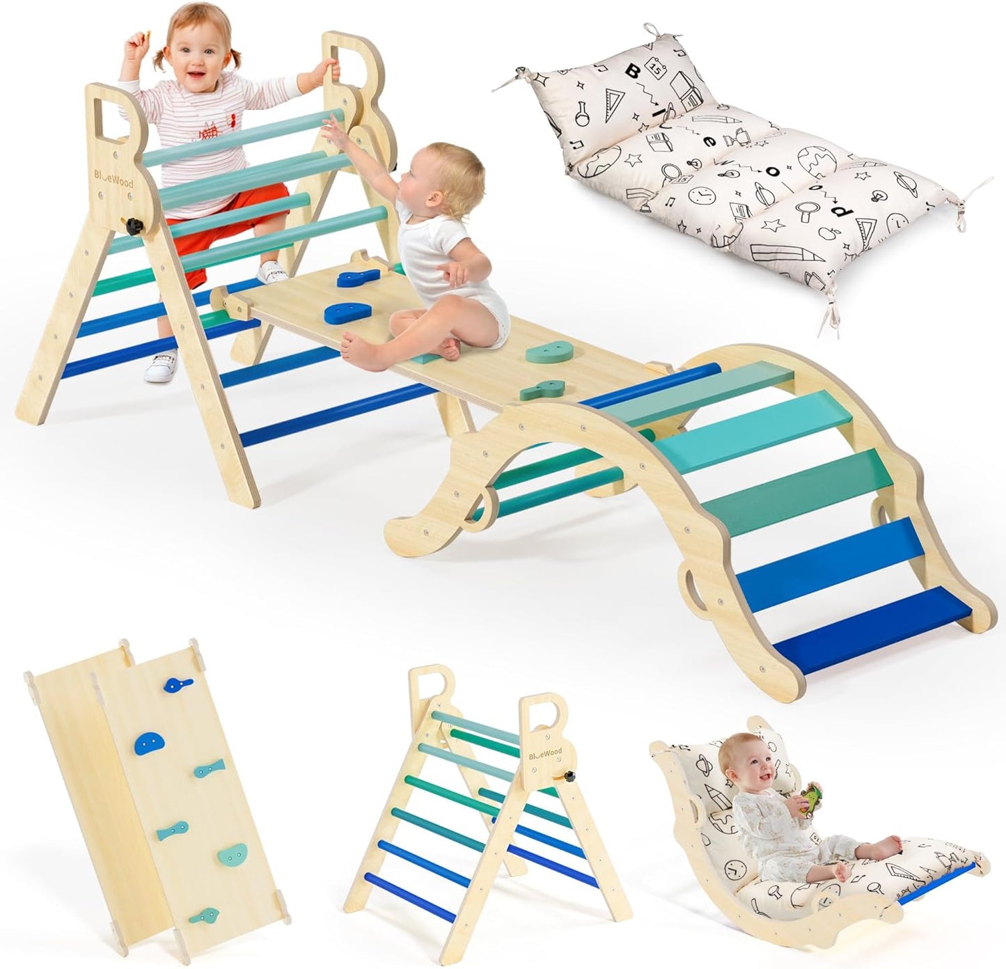 Pikler Triangle Set, Toddler Wooden Climbing Toys Indoor 8-in-1 Climber, Foldable Kids Climbing Toys