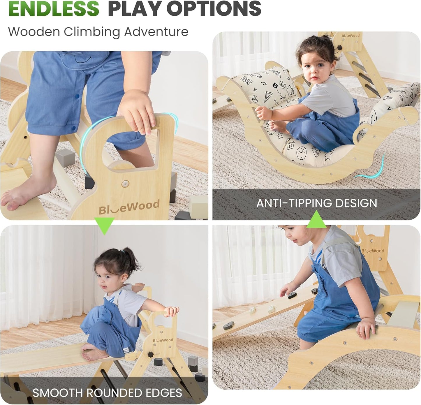 Pikler Triangle Set, Toddler Wooden Climbing Toys Indoor 8-in-1 Climber, Foldable Kids Climbing Toys