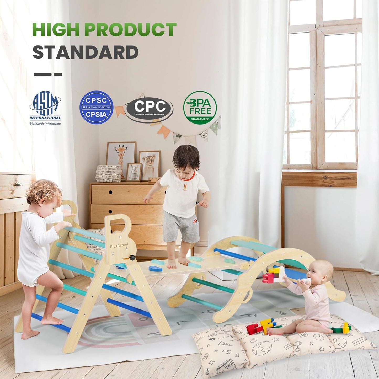 Pikler Triangle Set, Toddler Wooden Climbing Toys Indoor 8-in-1 Climber, Foldable Kids Climbing Toys