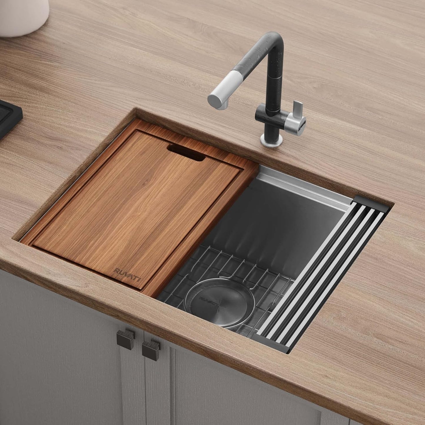 24-inch Undermount Rounded Corner Workstation Kitchen Sink Single Bowl, 16 Gauge Stainless Steel, Brushed Finish