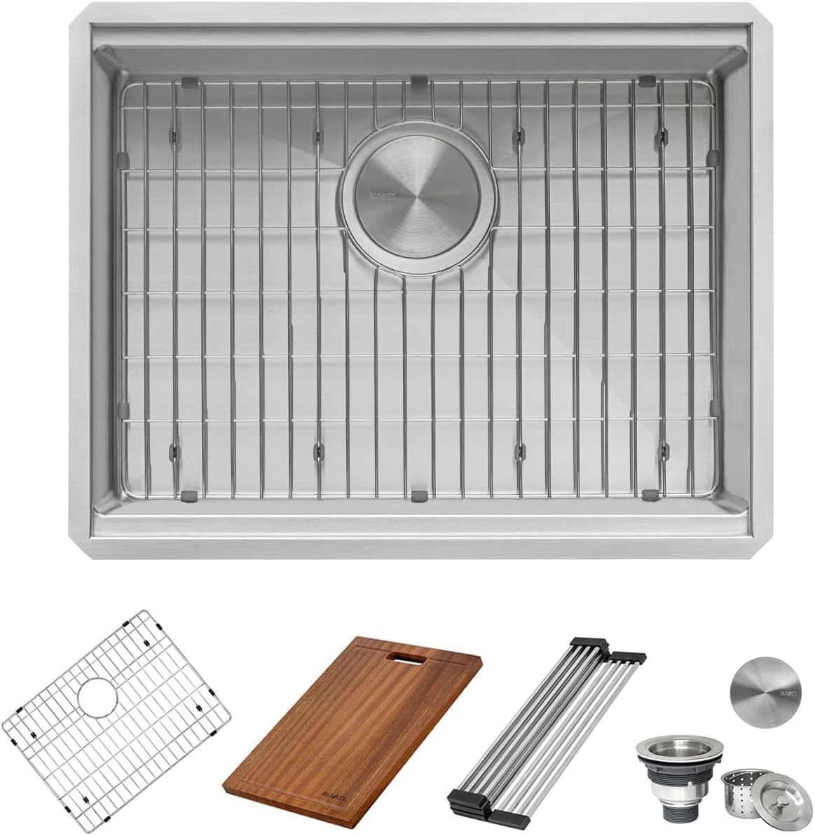 24-inch Undermount Rounded Corner Workstation Kitchen Sink Single Bowl, 16 Gauge Stainless Steel, Brushed Finish