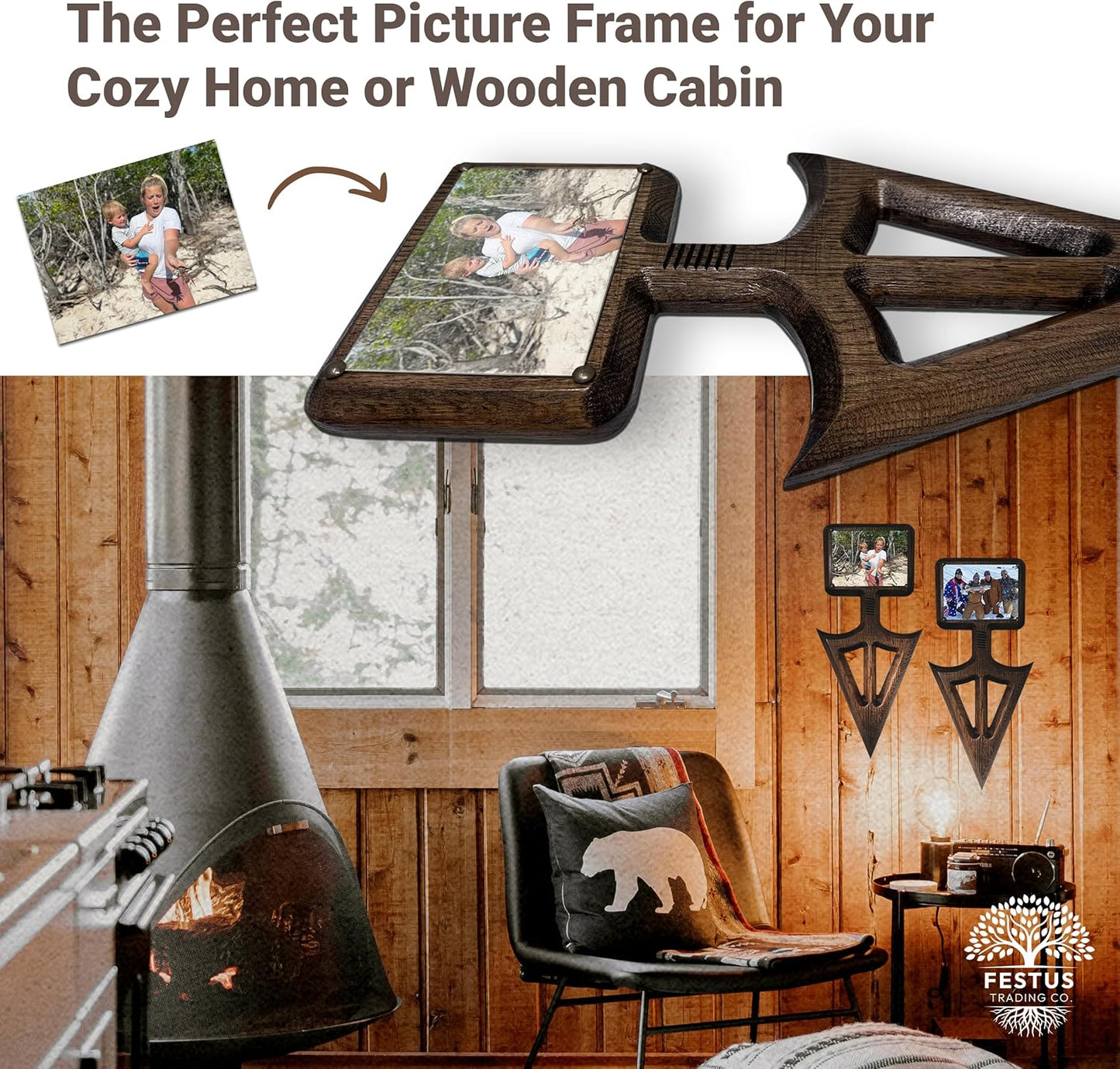 Festus Trading Company Arrowhead European Mount - Wooden Picture Frame (5x7), Hunting Photo, Plaques