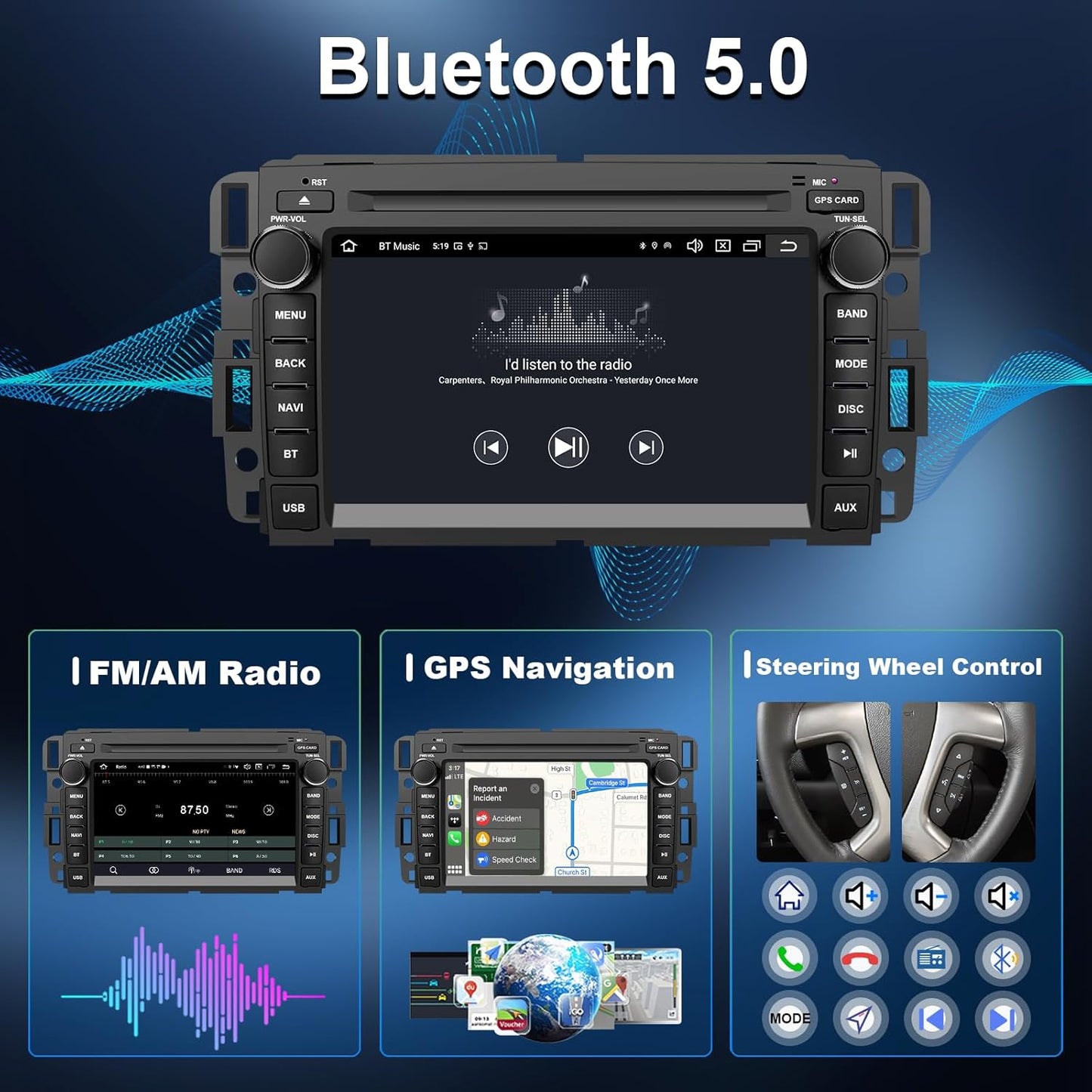 Car Stereo Radio for GMC Sierra Yukon Chevrolet Buick Chevy Silverado Android 14 DVD Player Double Din 7inch