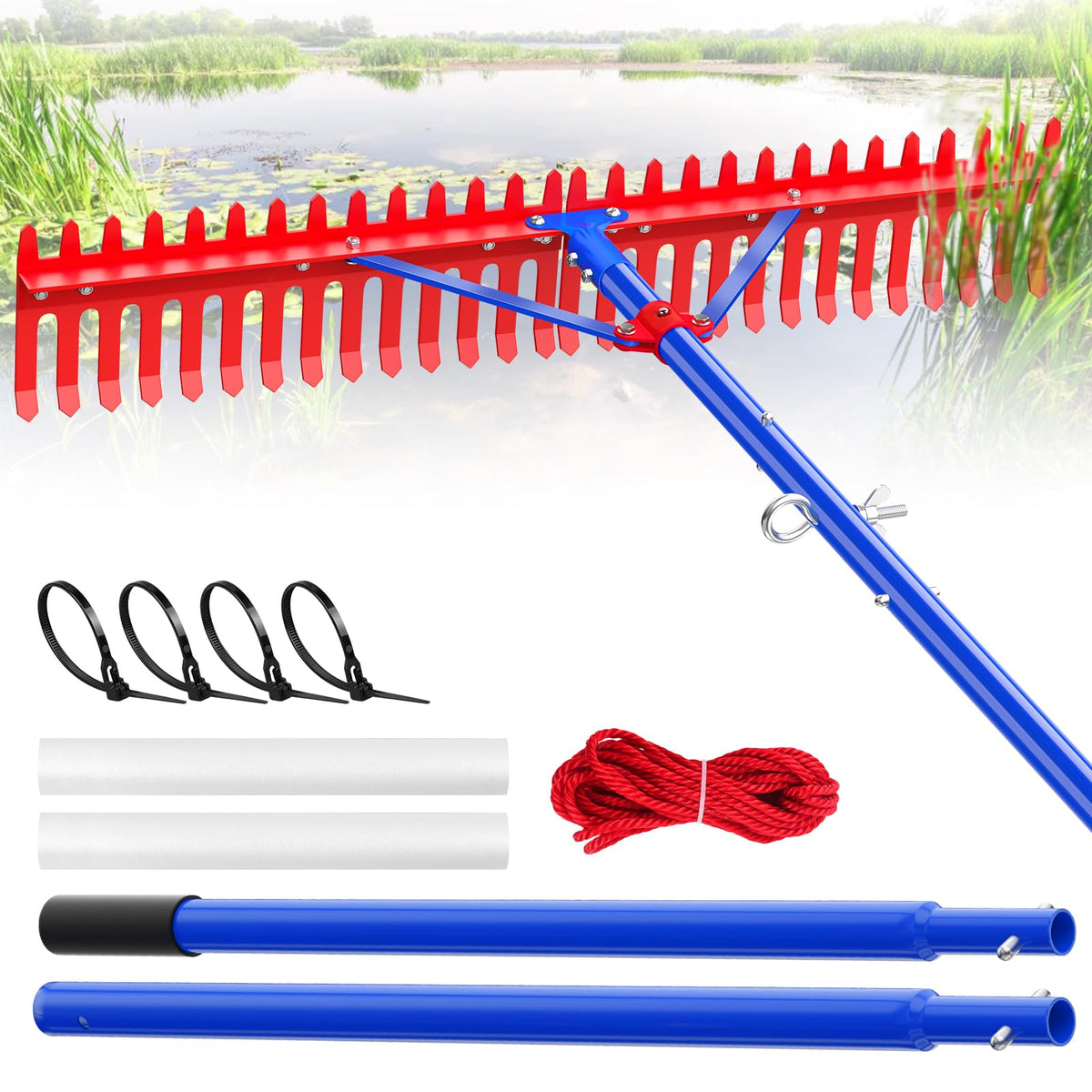 Lake Rake, Pond Rake Aquatic Weed Rakes, Large Heavy Duty Aluminum Aquatic Rakes with 7" Metal Tines