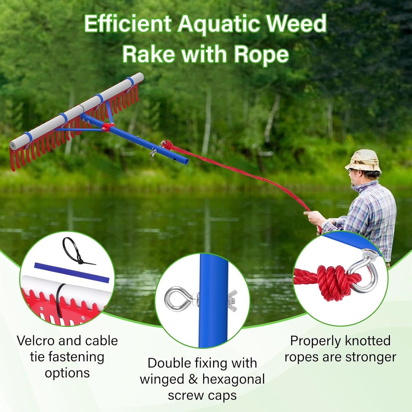 Lake Rake, Pond Rake Aquatic Weed Rakes, Large Heavy Duty Aluminum Aquatic Rakes with 7' Metal Tines