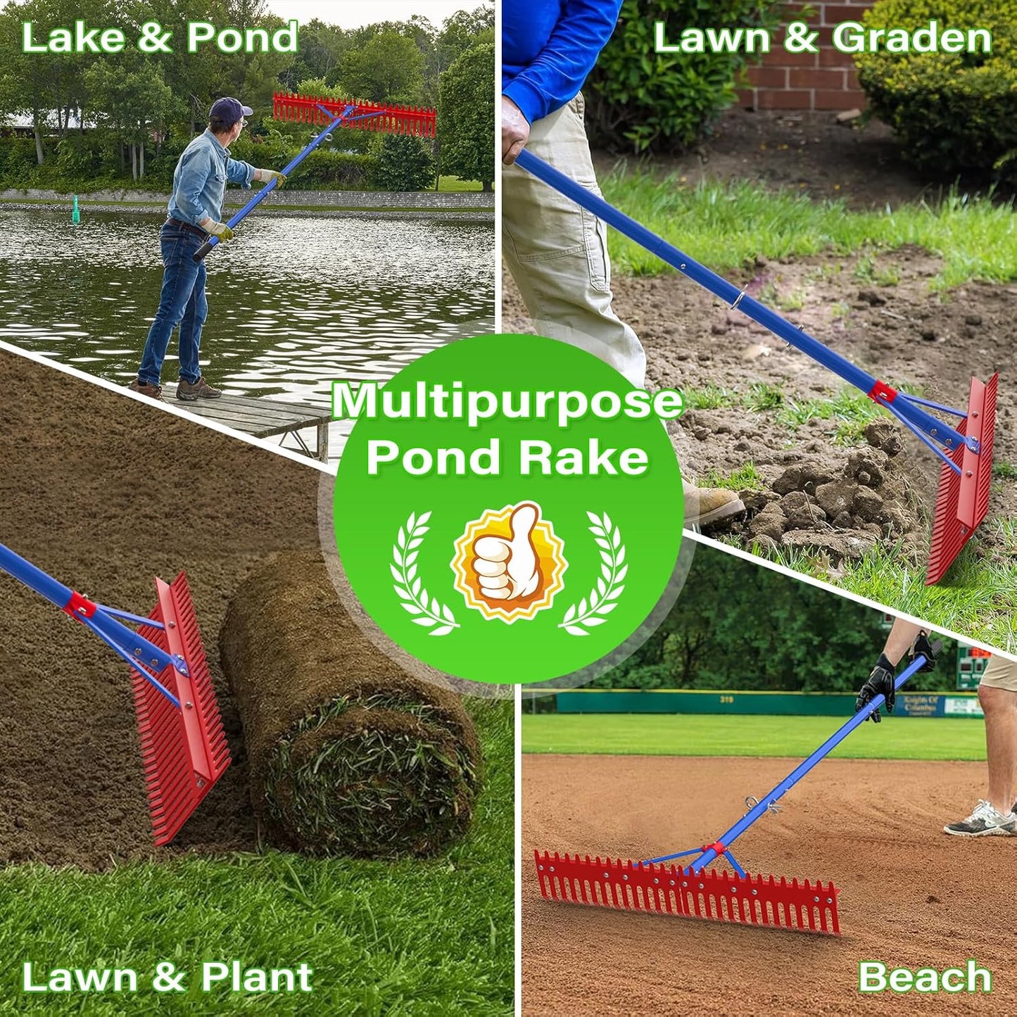 Lake Rake, Pond Rake Aquatic Weed Rakes, Large Heavy Duty Aluminum Aquatic Rakes with 7' Metal Tines