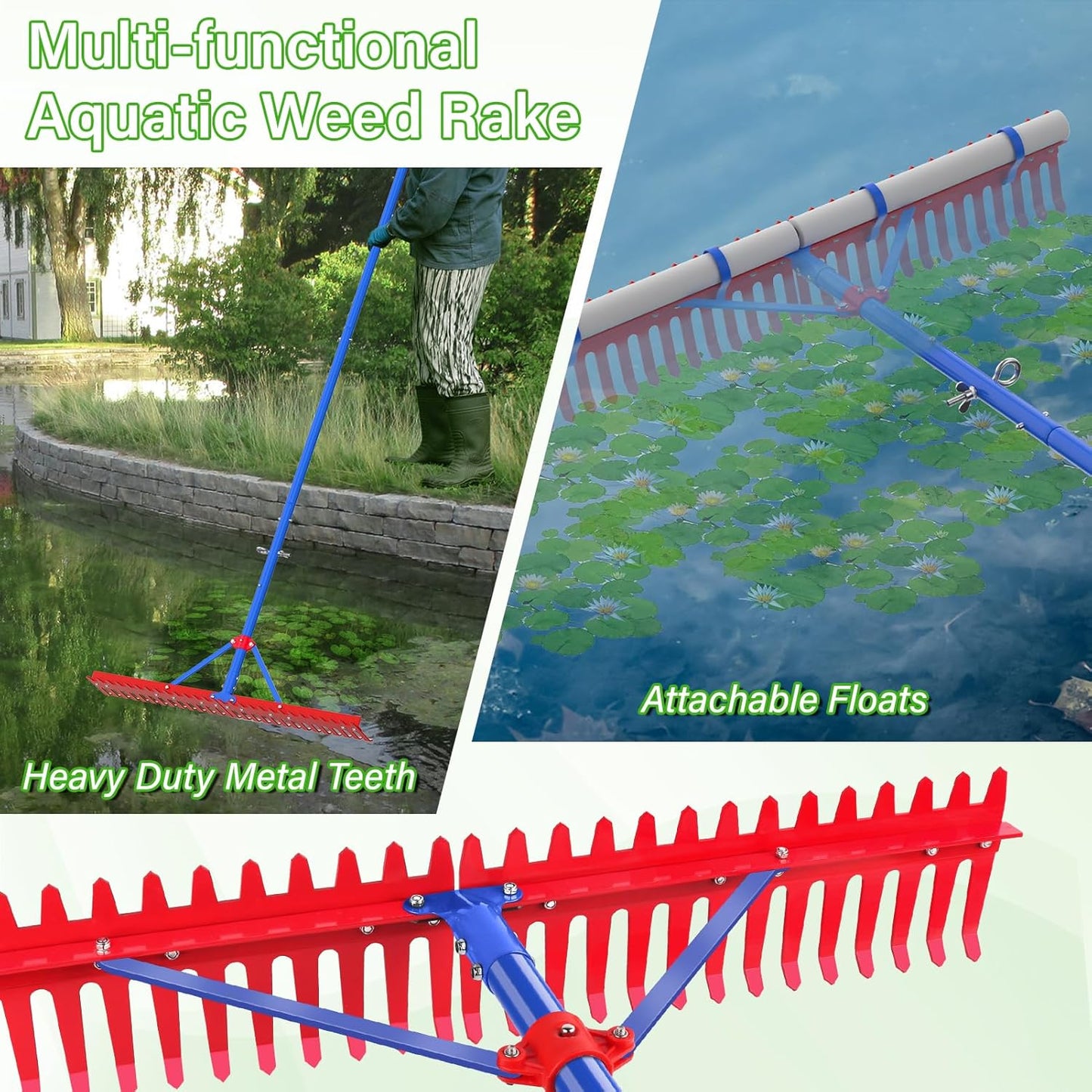Lake Rake, Pond Rake Aquatic Weed Rakes, Large Heavy Duty Aluminum Aquatic Rakes with 7' Metal Tines